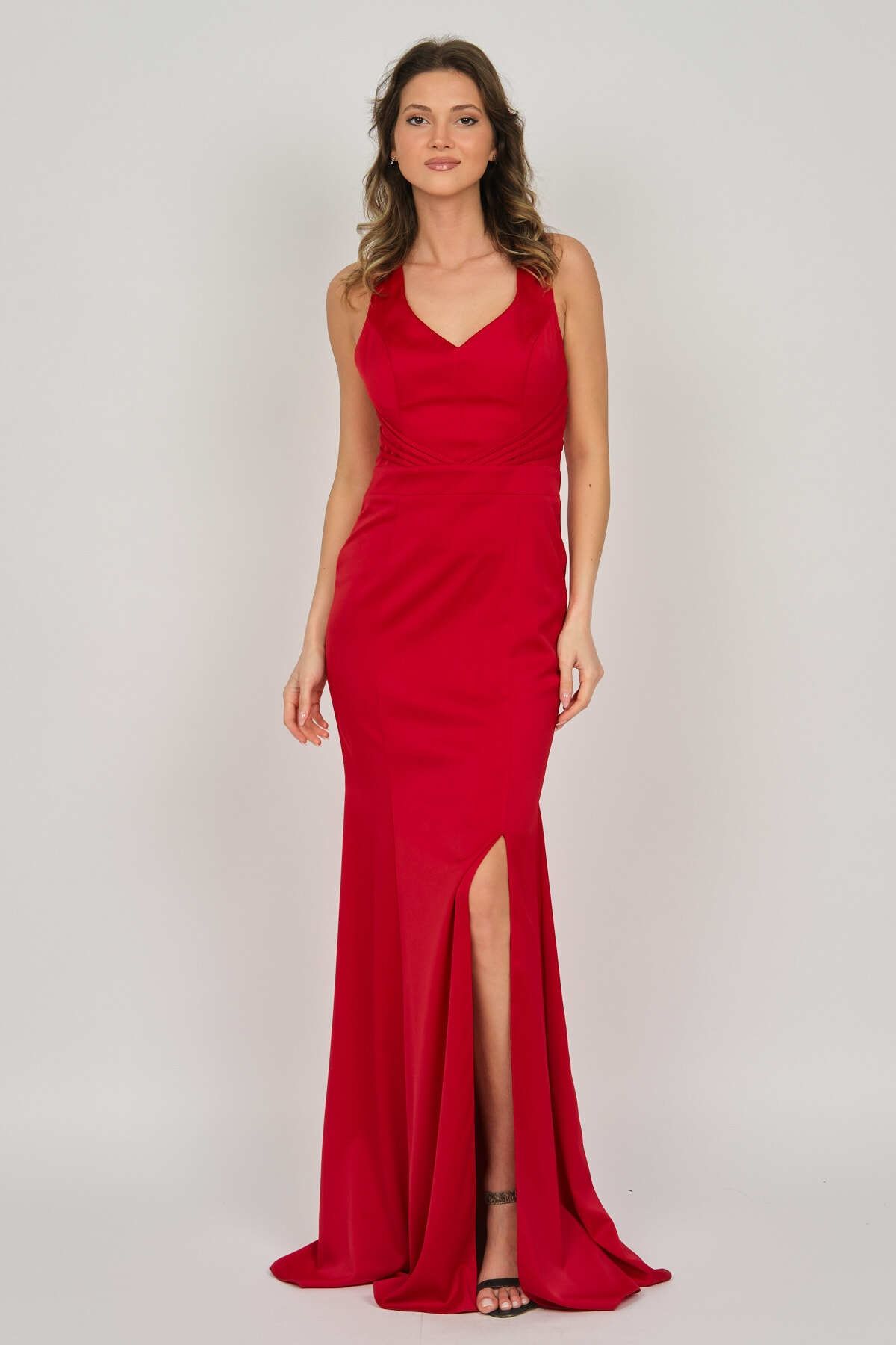 DORİDORCA Kadın Derin Yırtmaçlı Uzun Abiye Elbise 5922016 Kırmızı