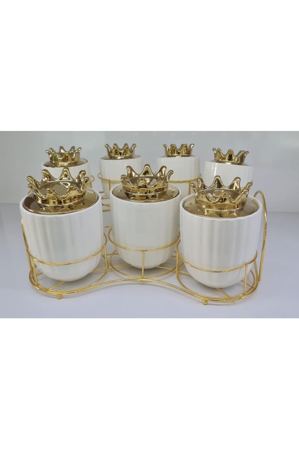 ACAR Metal Gold Standlı 7 Li Porselen Silindir Baharat Takımı Beyaz 0192