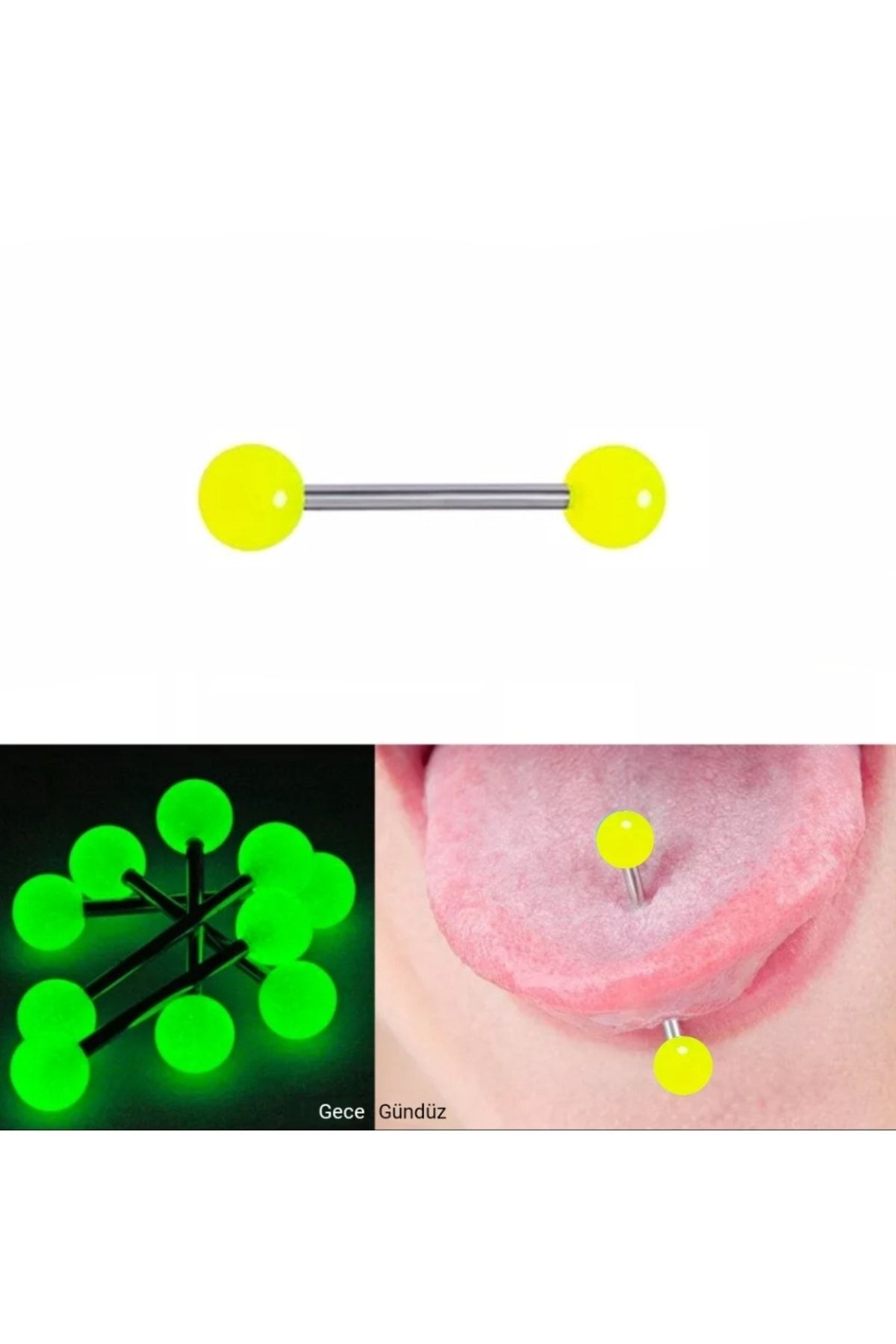 TakıConcept Karanlıkta Parlayan Çelik Dil Piercing Renk Değiştiren Dil Piercingi