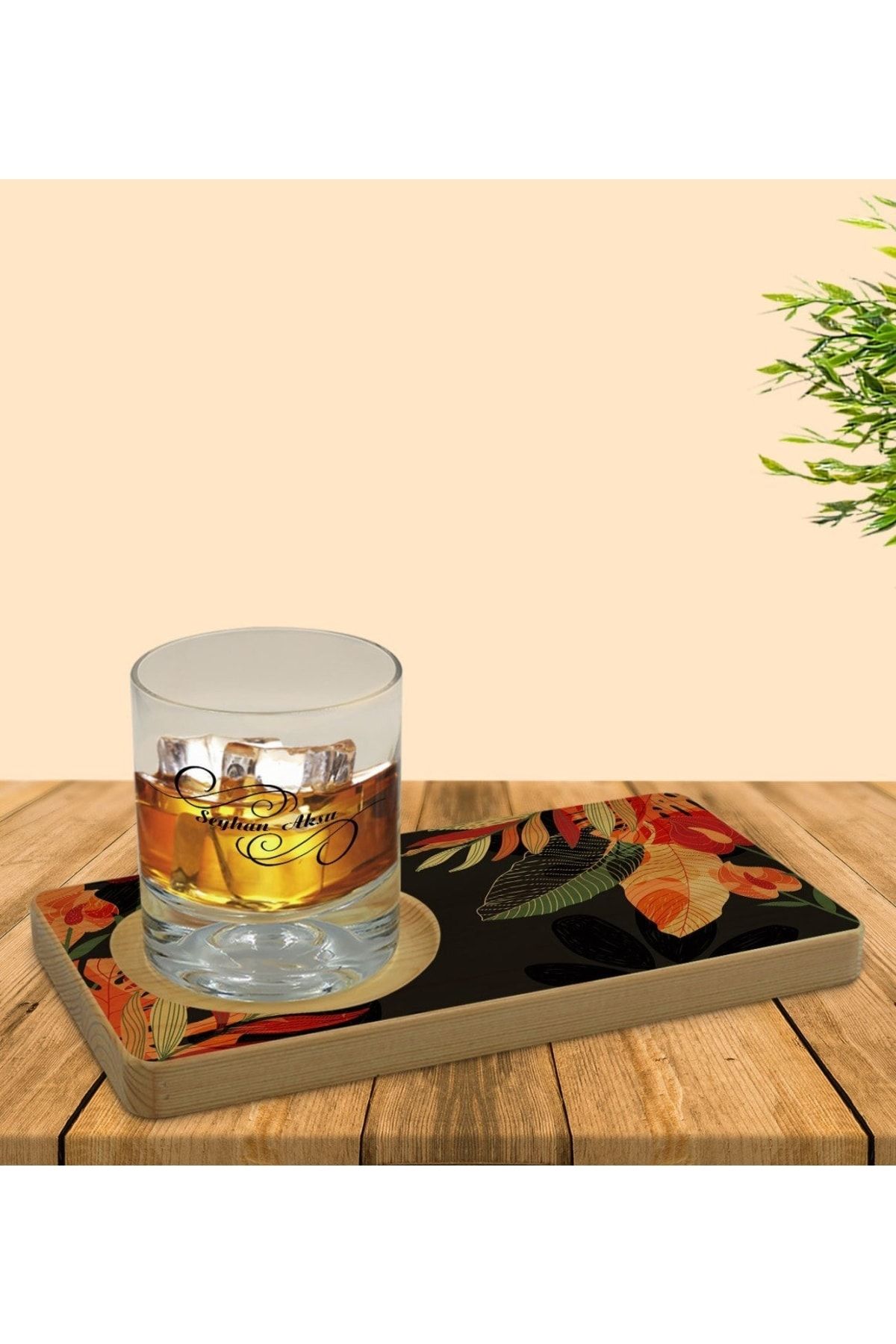 Bk Gift Kişiye Özel Yapraklar Tasarımlı Doğal Ahşap Tabaklı Viski Bardağı Sunum Seti Model 11