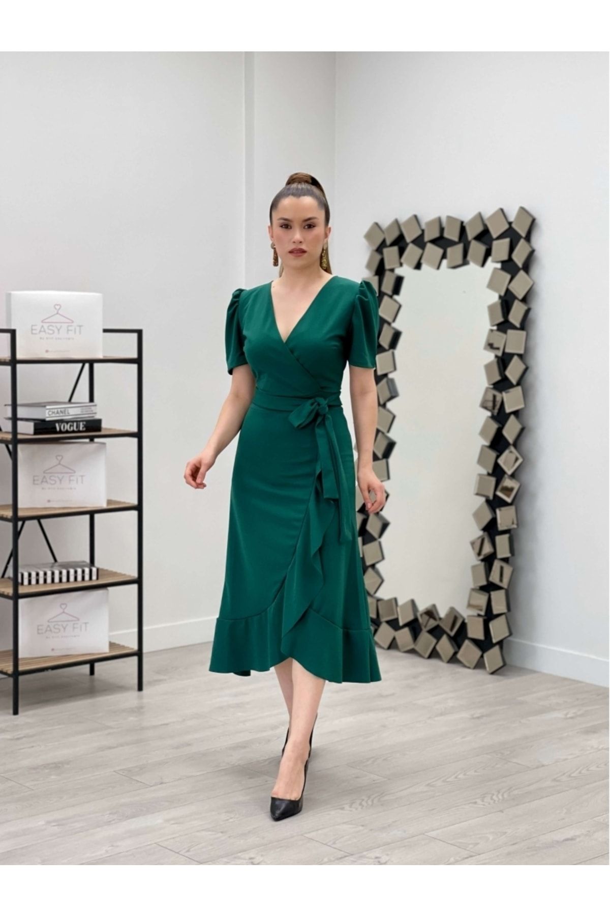 giyimmasalı Crep Kumaş Midi Elbise - Zümrüt Yeşil