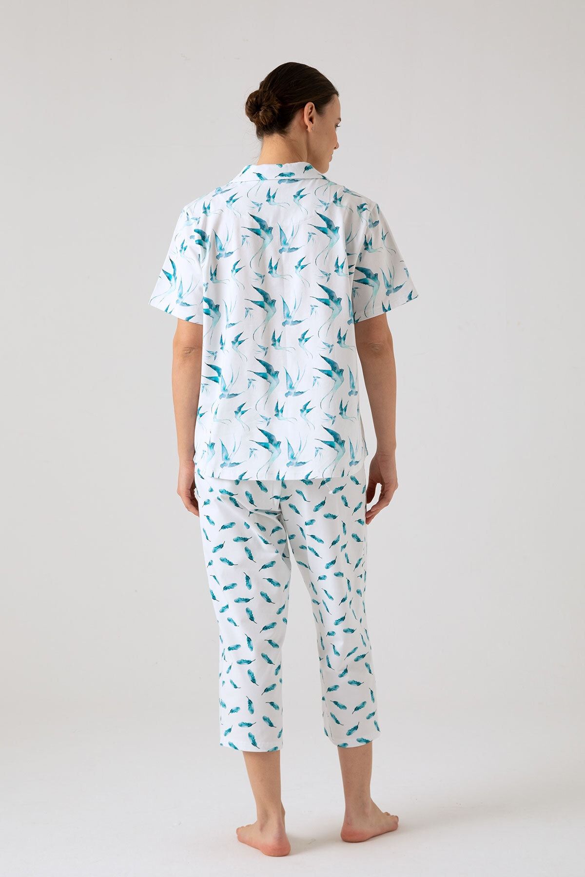 Hays Kadın Büyük Beden Kuş Baskılı Gömlek Yaka Üst Kısa Midi Pijama Takımı