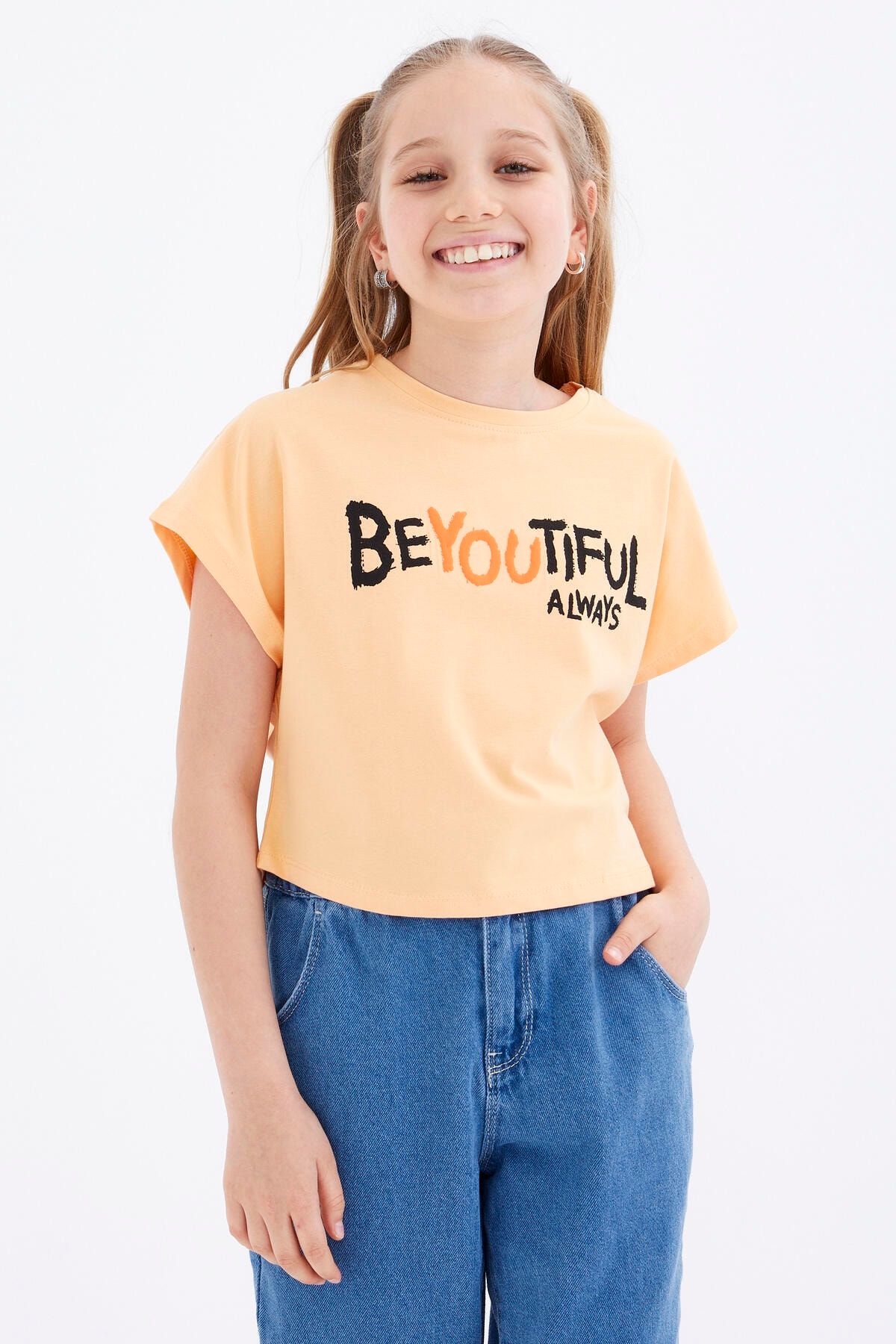 TOMMY LIFE Kavun Içi Oversize Yazı Baskılı O Yaka Kız Çocuk Crop T-shirt - 75035