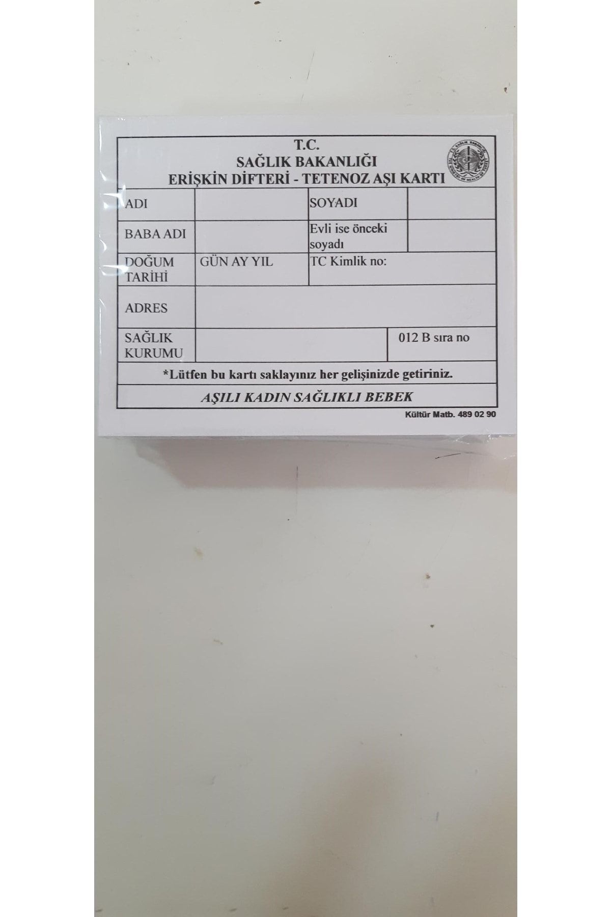 Kültür Matbaası Erişkin Difteri-tetanoz Aşı Kartı 100'lü