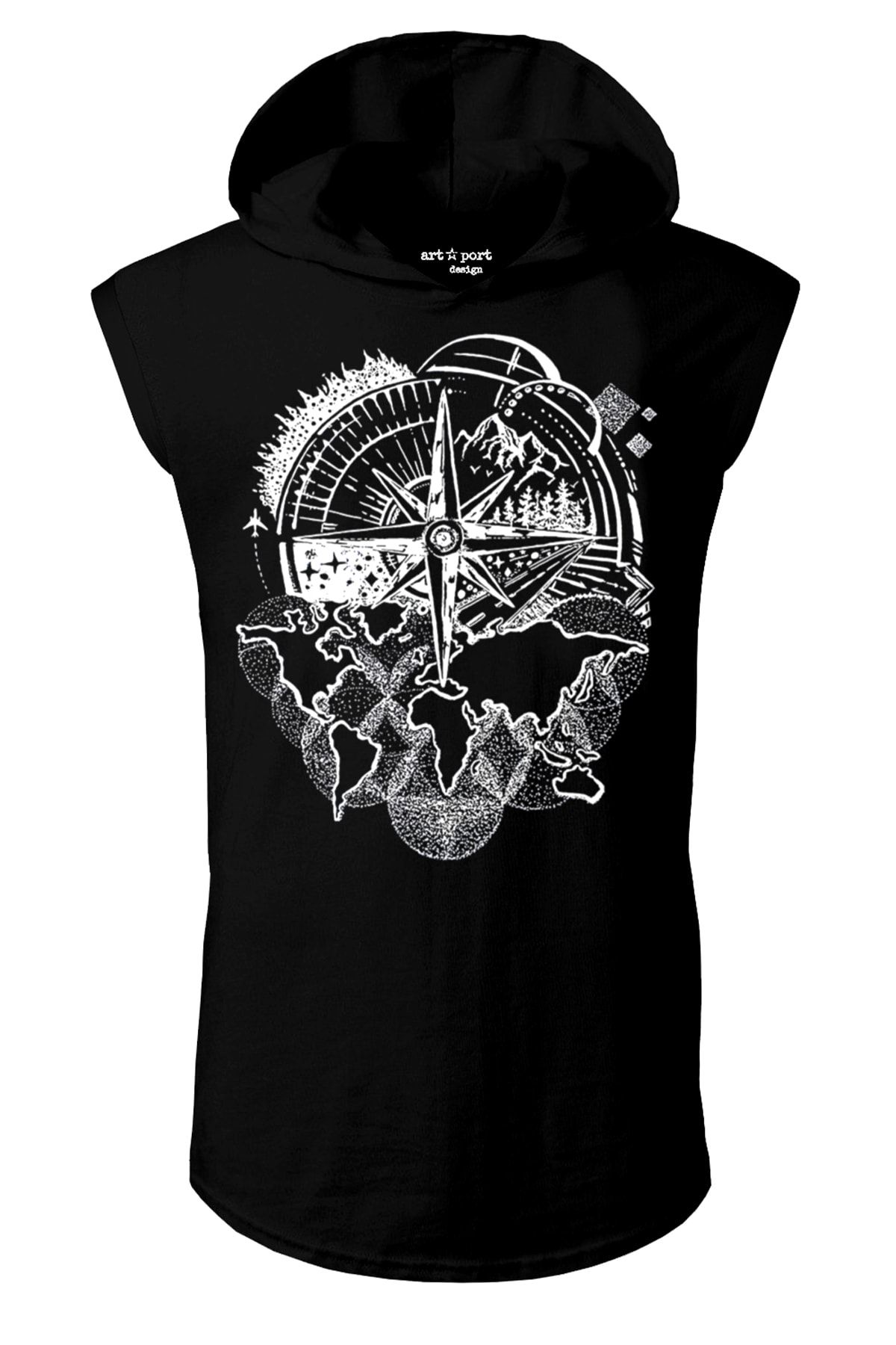 Artaport Design Unisex Siyah Pusula Tasarım Kapşonlu Kolsuz T-shirt