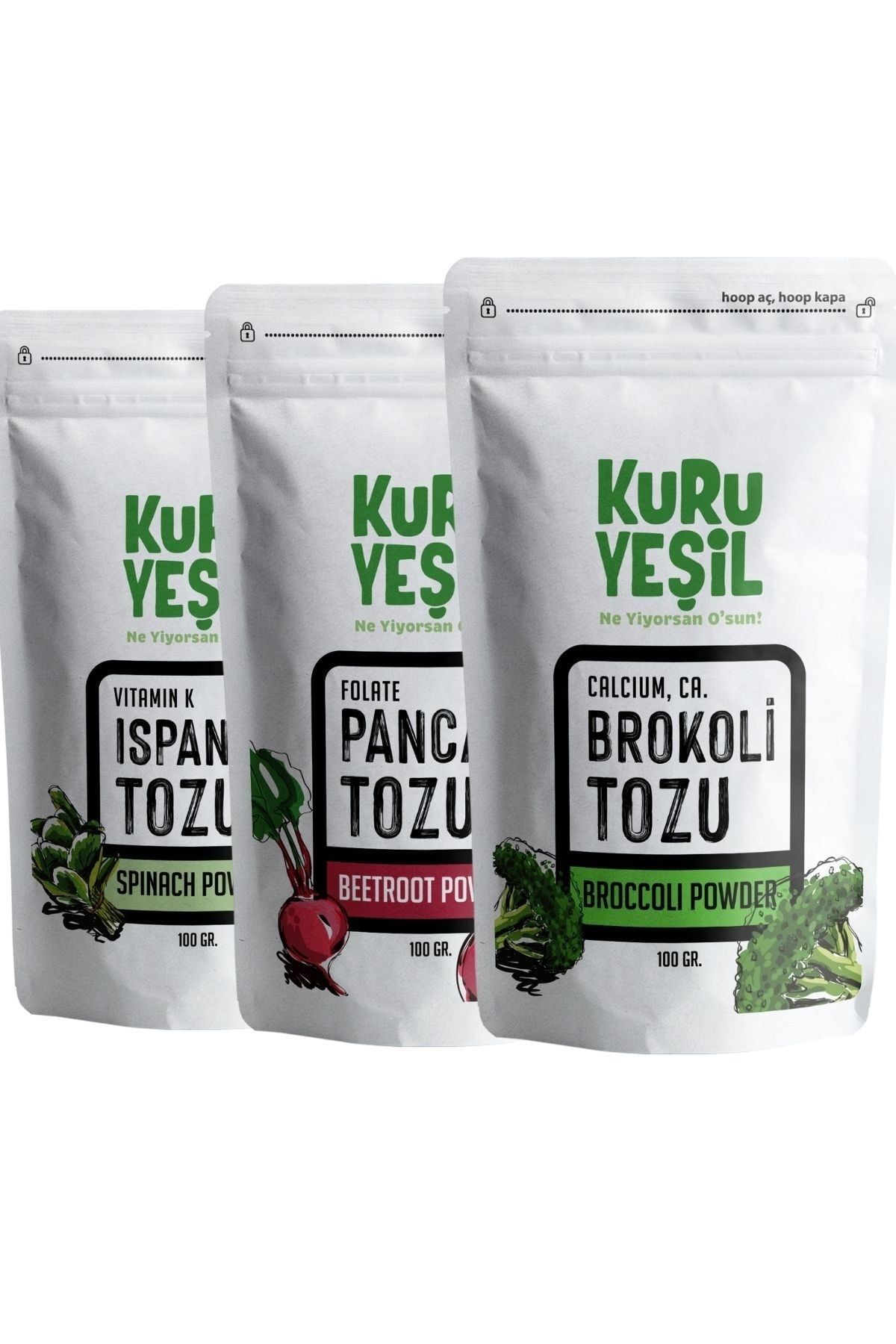 Kuru Yeşil Sebze Tozu Vegan Paketi 300 gr (ISPANAK TOZU - PANCAR TOZU - BROKOLİ TOZU) | Glutensiz, Katkısız