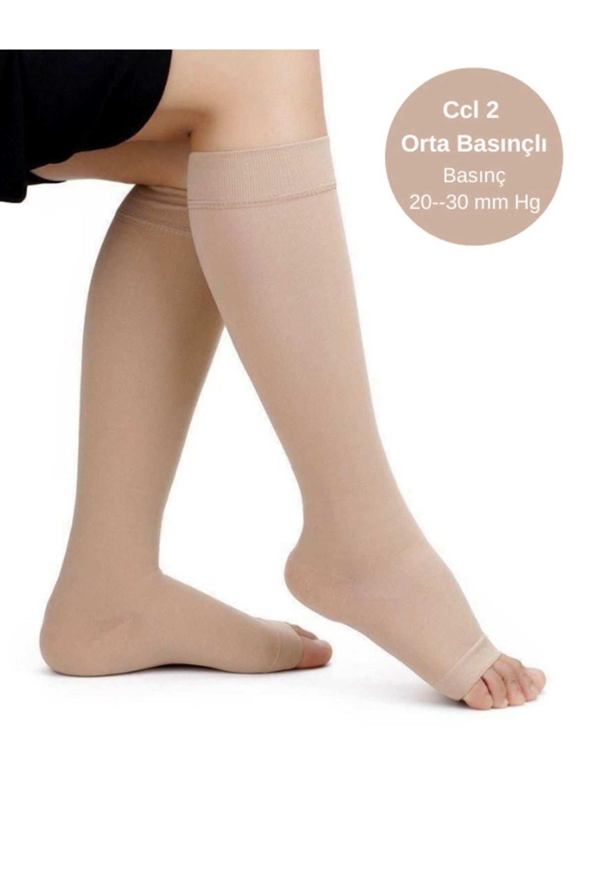 ZeyMer Diz Altı Çorabı, Orta Basınç (CCL-2) 20-30 Mmhg, Bej Renk, Açık Burun