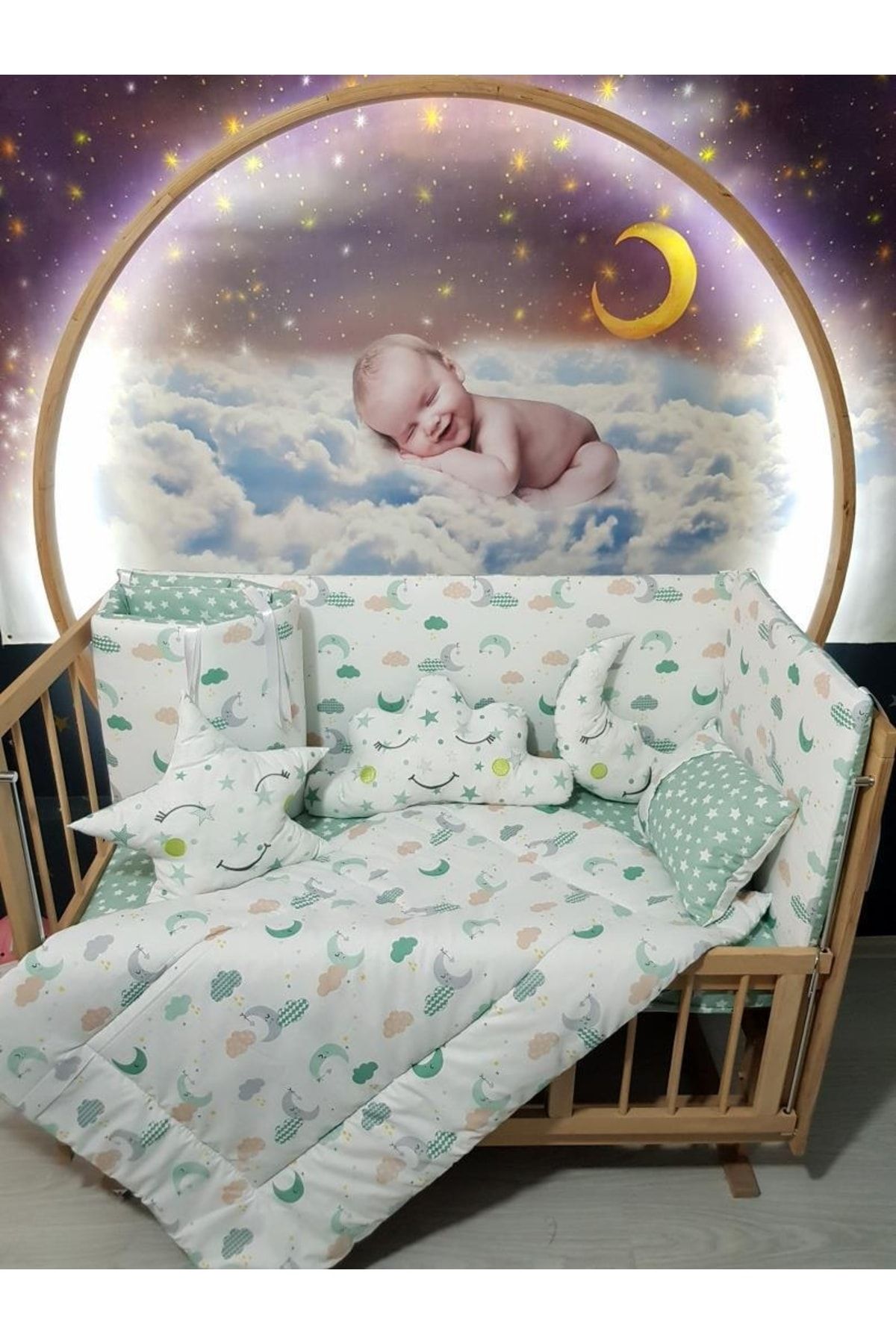 bebek iklimi 70x130 Bebek Uyku Seti Ay Yıldız Desen 9 Parça (beşik Dahil Değildir)