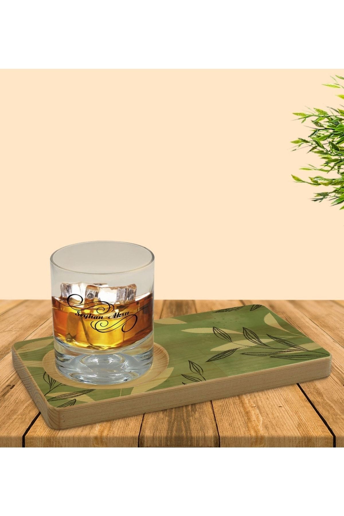 Bk Gift Kişiye Özel Yapraklar Tasarımlı Doğal Ahşap Tabaklı Viski Bardağı Sunum Seti Model 8