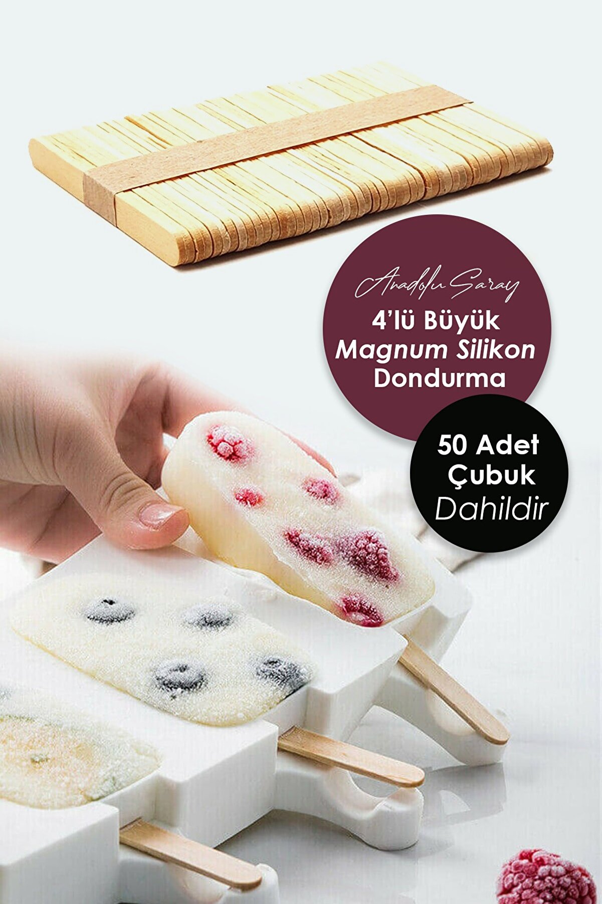 Anadolu Saray Çarşısı Pratik 50 Dondurma Çubuk Dahil Beyaz Silikon 4'lü Büyük Boy Magnum Dondurma Kalıbı | Magnum Kalıbı