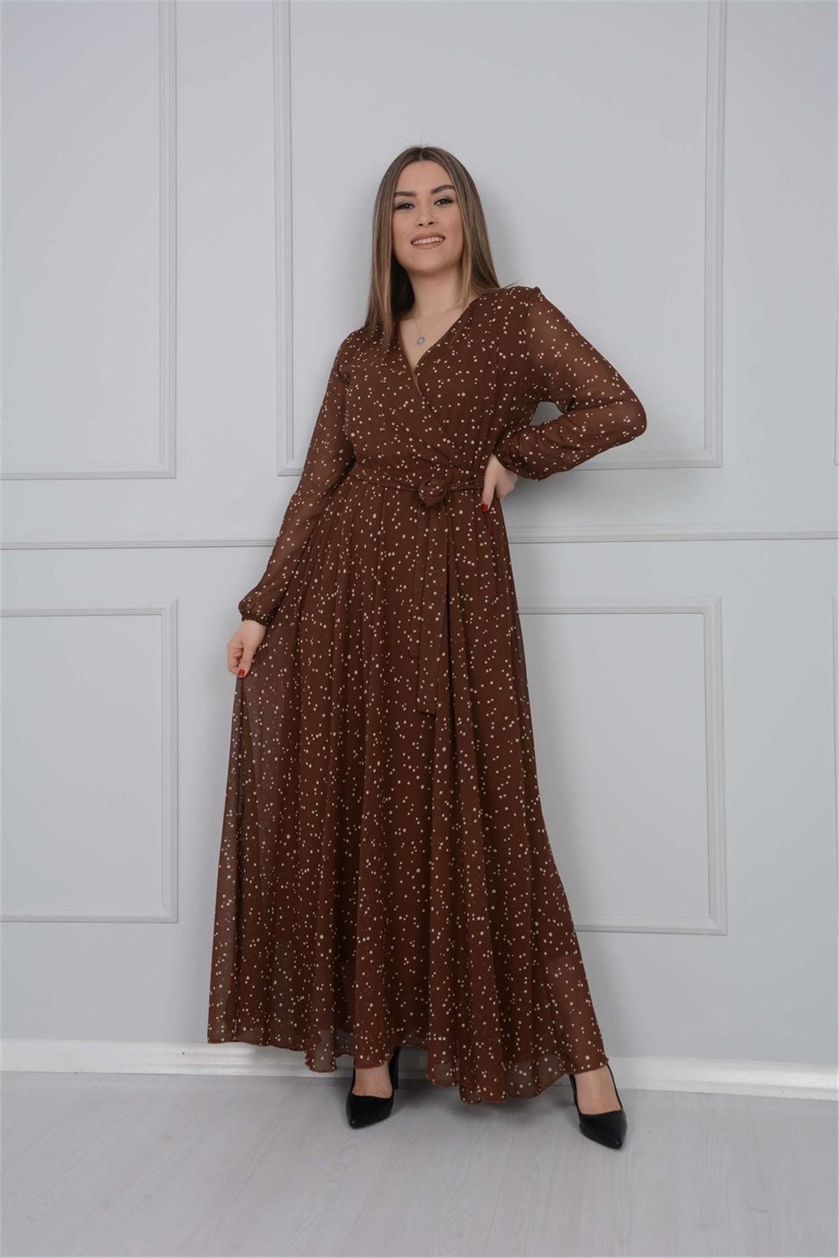 giyimmasalı Puantiye Detaylı Şifon Elbise - Kahverengi