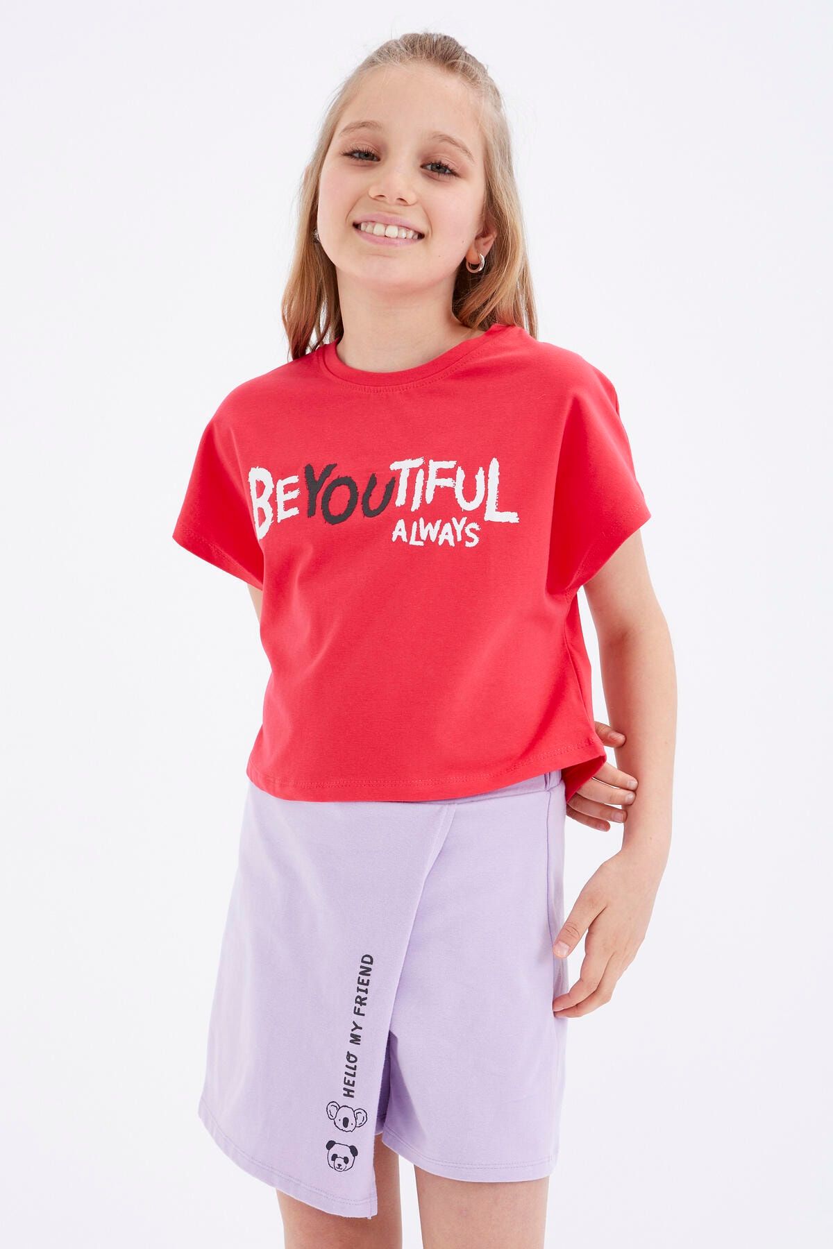 TOMMY LIFE Rose Oversize Yazı Baskılı O Yaka Kız Çocuk Crop T-shirt - 75035