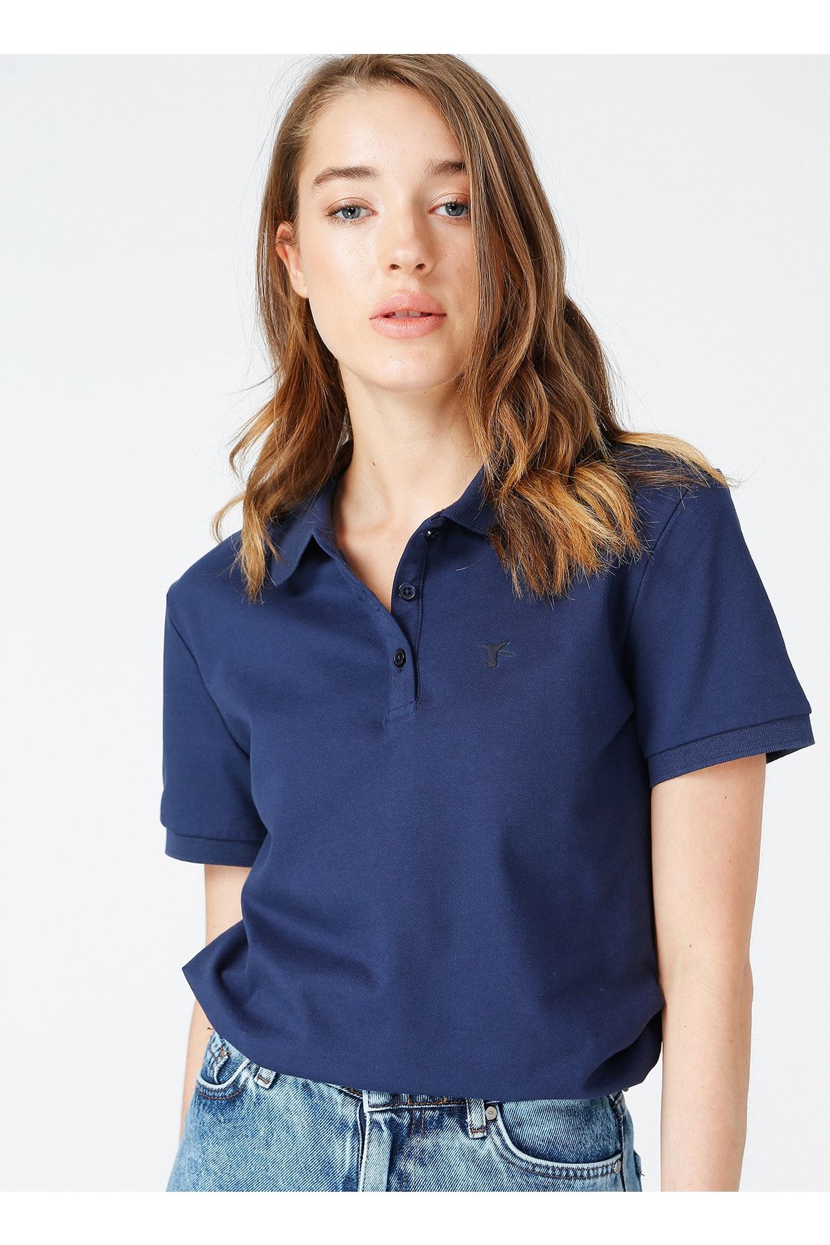 Fabrika Polo Yaka Basic Düz Lacivert Kadın T-shirt - Deep