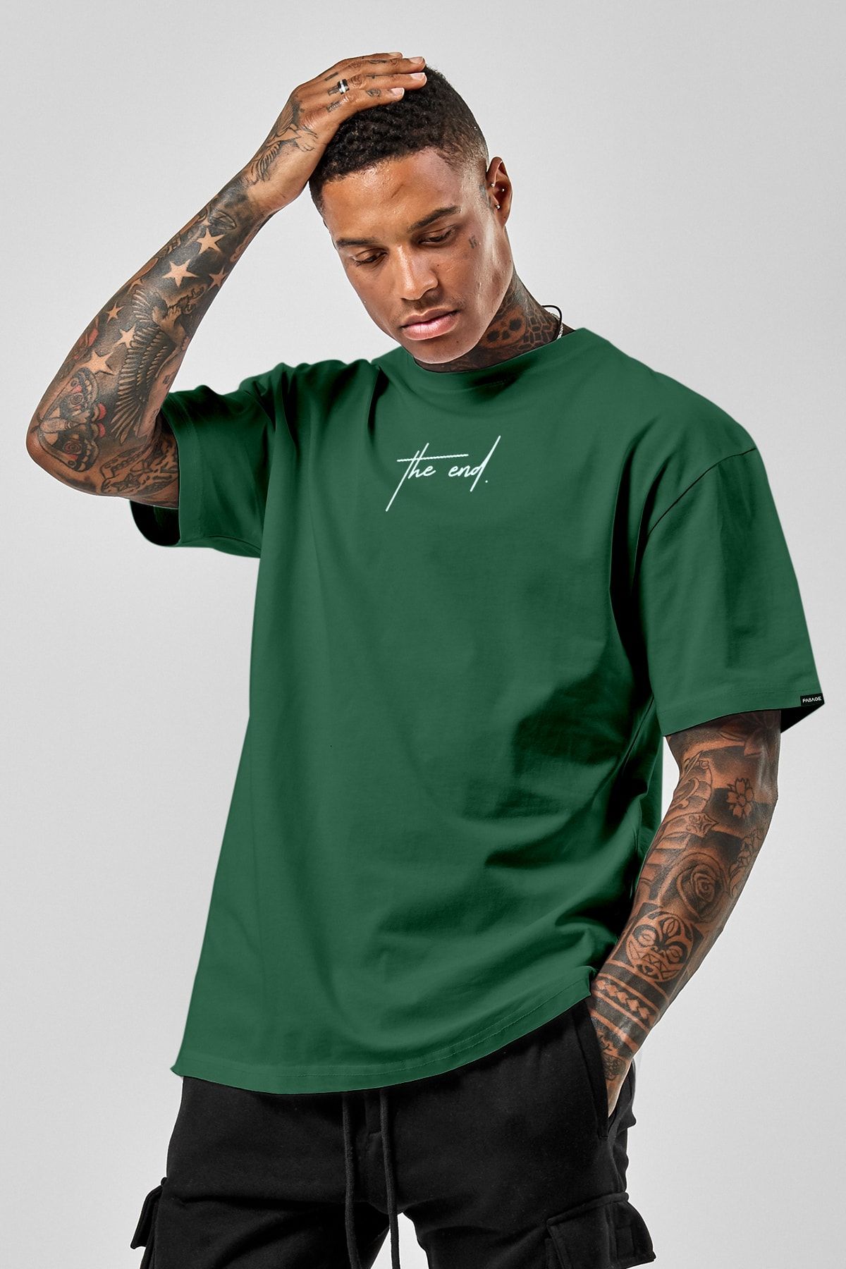 Genel Markalar Oversize The End Baskılı Yeşil Tshirt