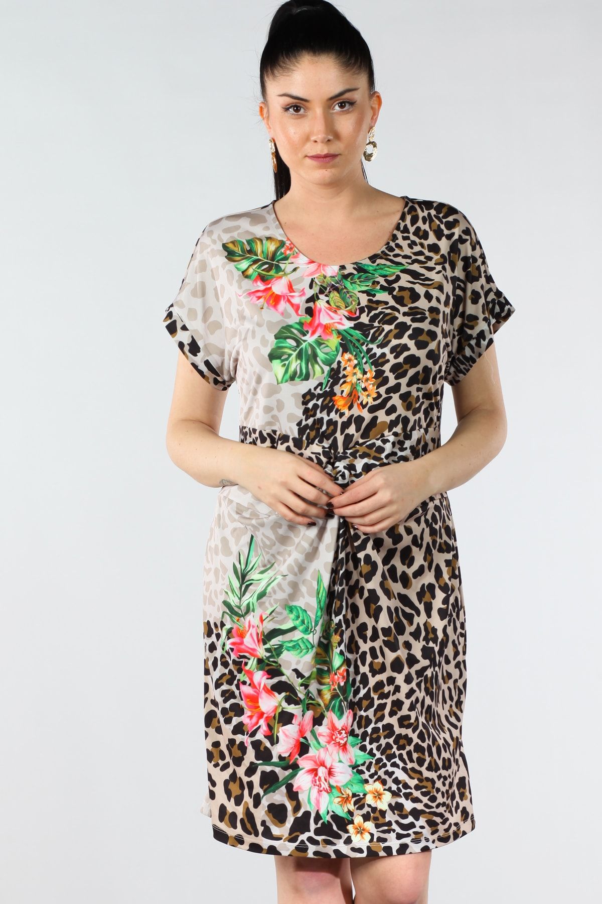 Şans Tekstil Kadın Leopar Ve Çiçek Desenli Ön Detaylı Elbise 85n7062