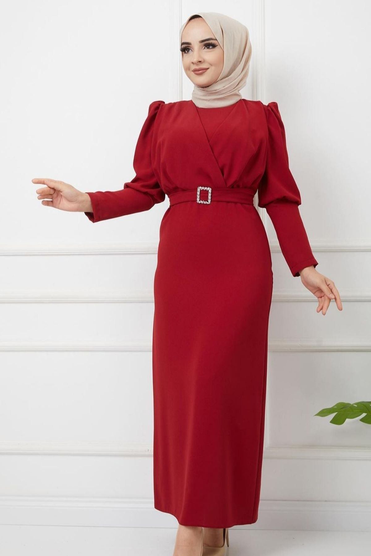 Genel Markalar Önü Çapraz Detay Balon Kol Kalem Elbise-ge5110-kırmızı