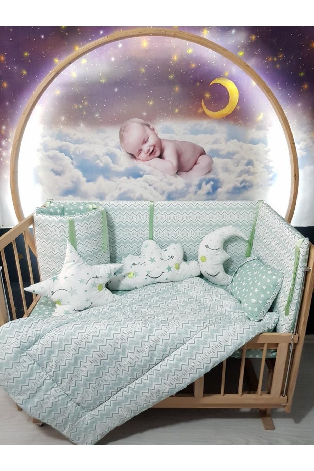 bebek iklimi 70x130 Bebek Uyku Seti Ince Zigzag Desen 9 Parça (beşik Dahil Değildir)