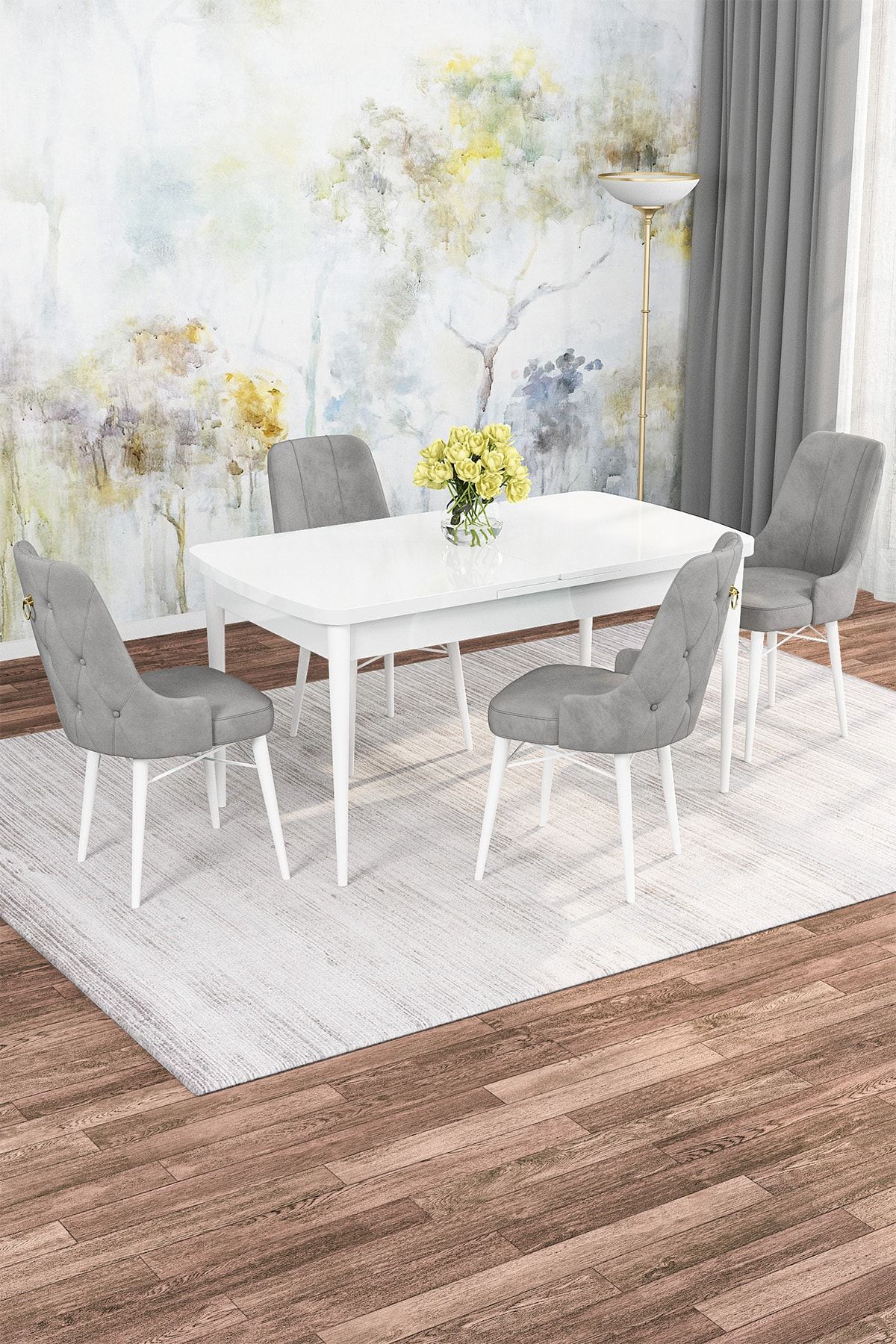 Rovena Mona Beyaz 80x132 Açılabilir Mdf Mutfak Masası Takımı 4 Adet Sandalye