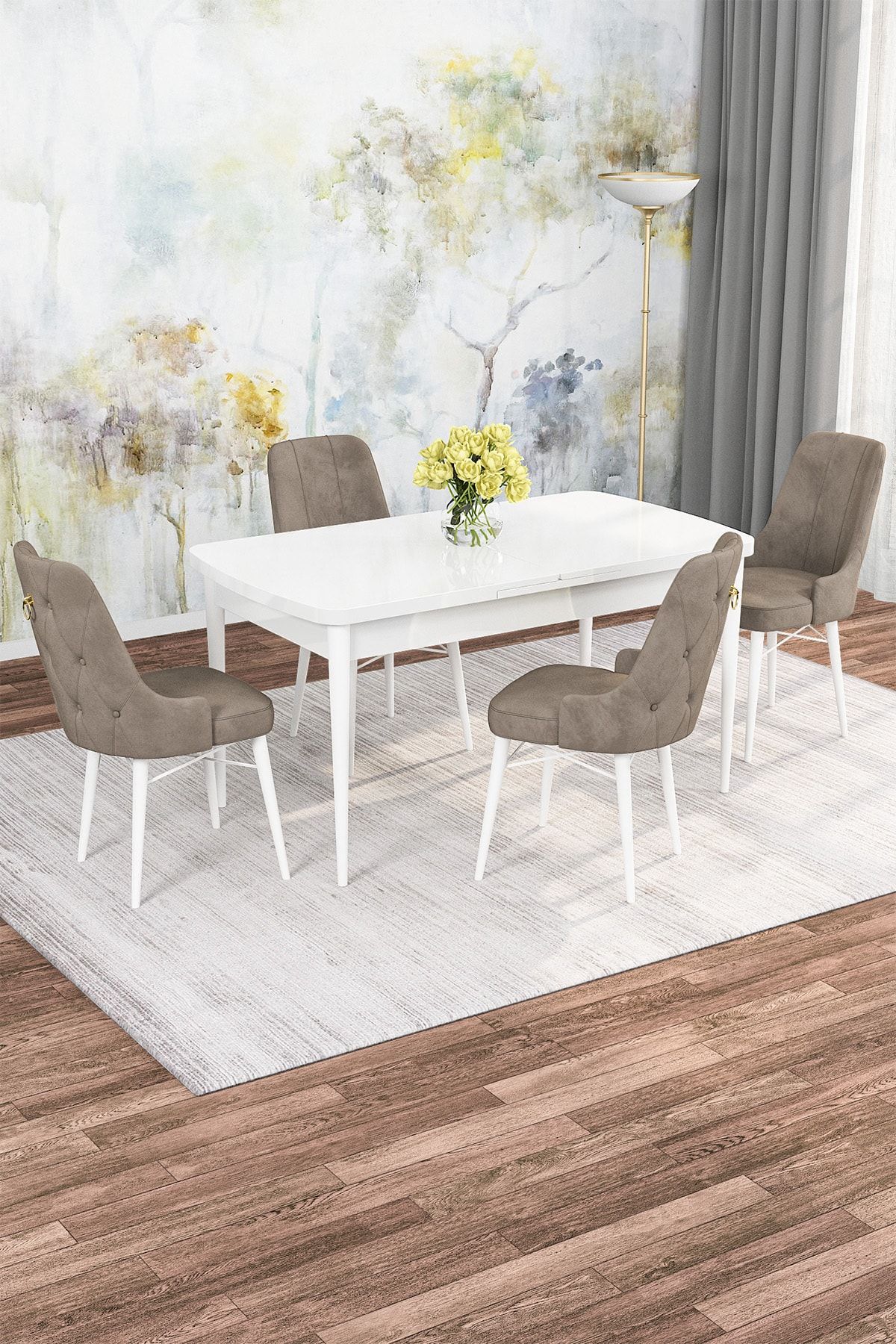 Rovena Mona Beyaz 80x132 Açılabilir Mdf Mutfak Masası Takımı 4 Adet Sandalye