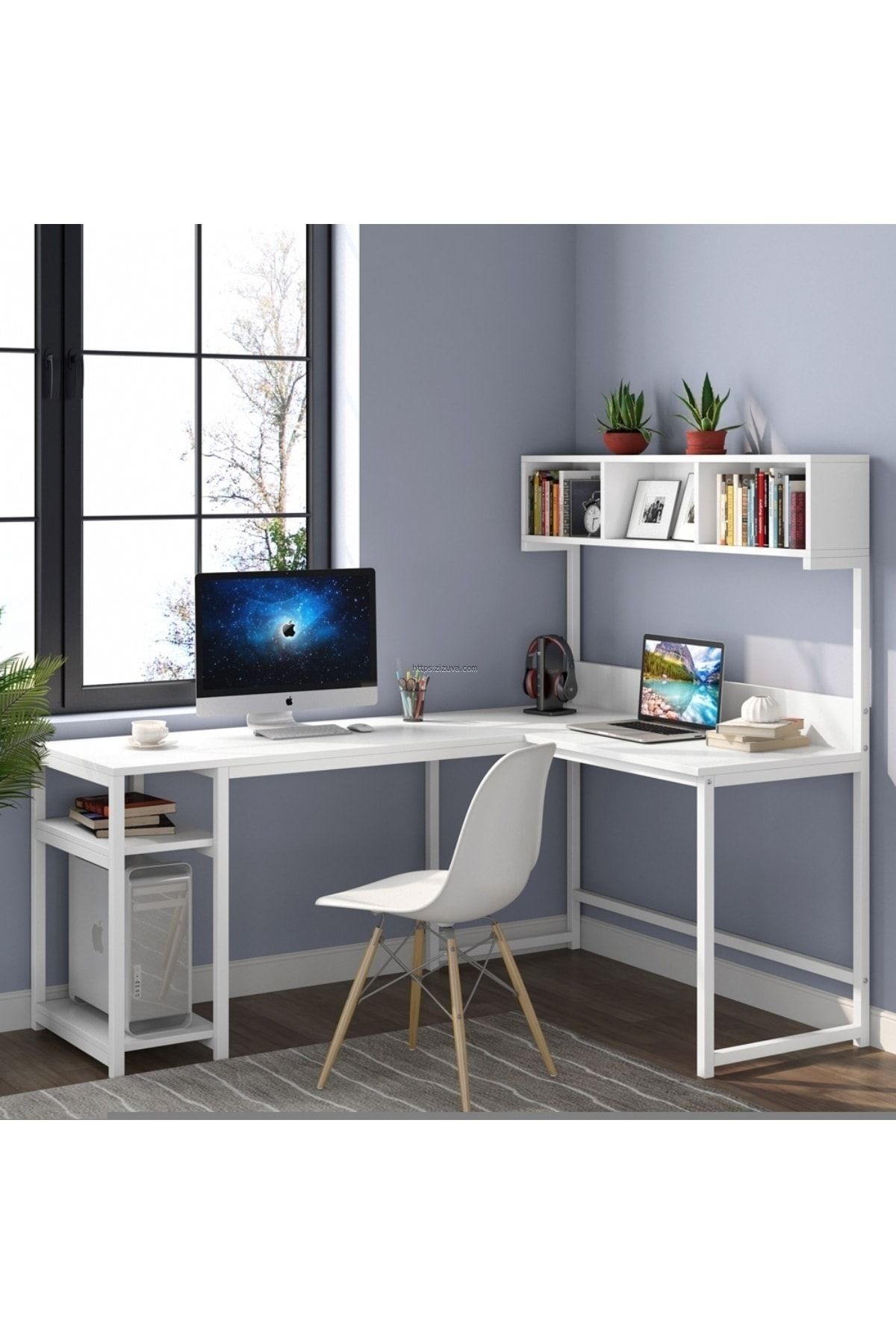 Zizuva Beyaz Renk L Köşe Ev Ofis Bilgisayar Oyuncu Gaming Raflı Kitaplıklı Metal Çalışma Masası