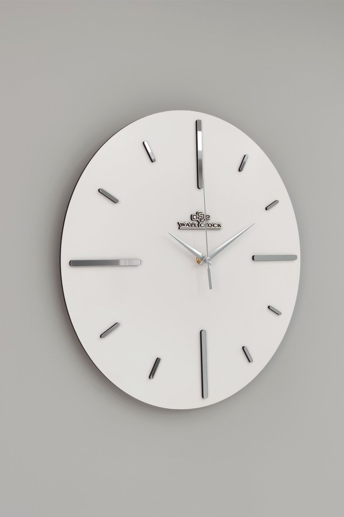 aSSe Tasarım Özel Aynalı Duvar Saati Beyaz & Gümüş Sessiz Mekanizma 37x37cm