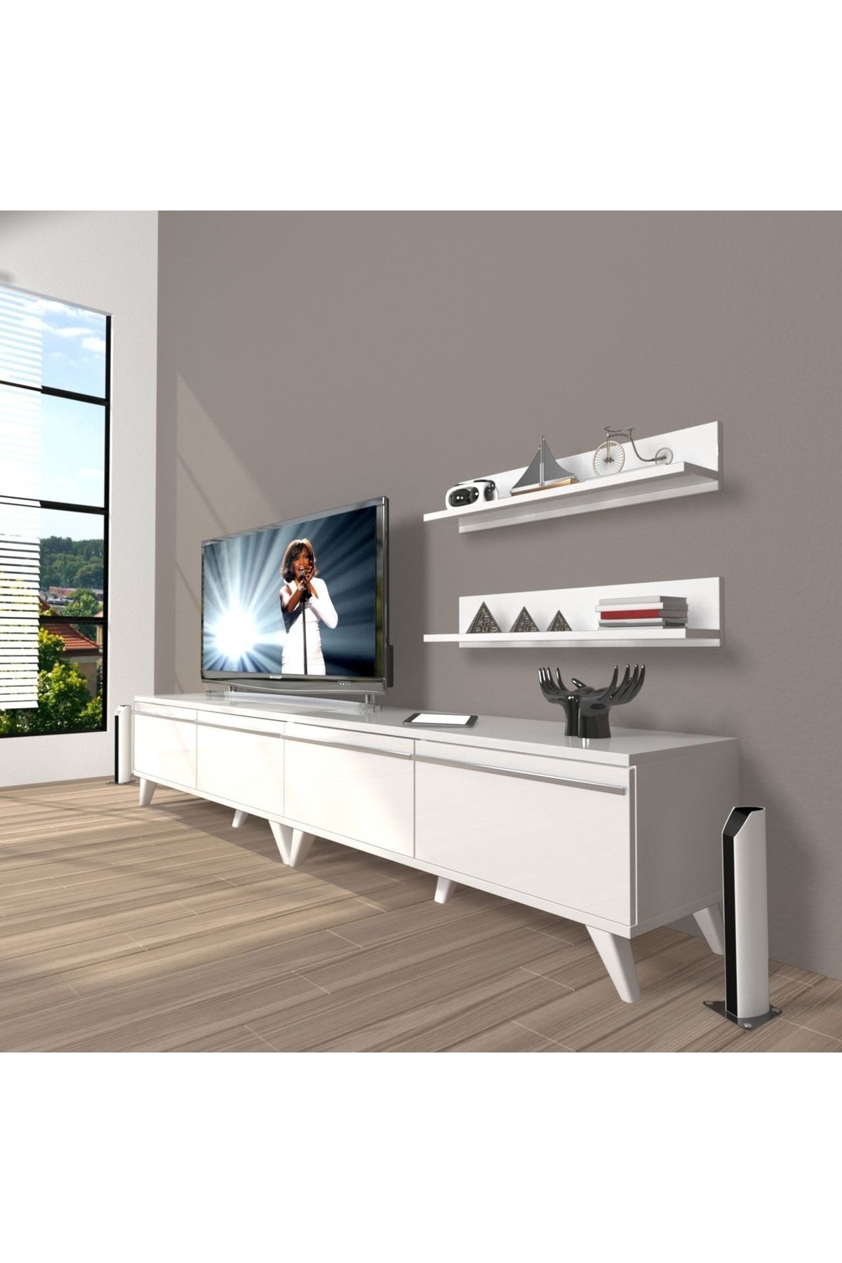 Decoraktiv Eko 200t Mdf Krom Ayaklı Tv Ünitesi Tv Sehpası - Parlak Beyaz