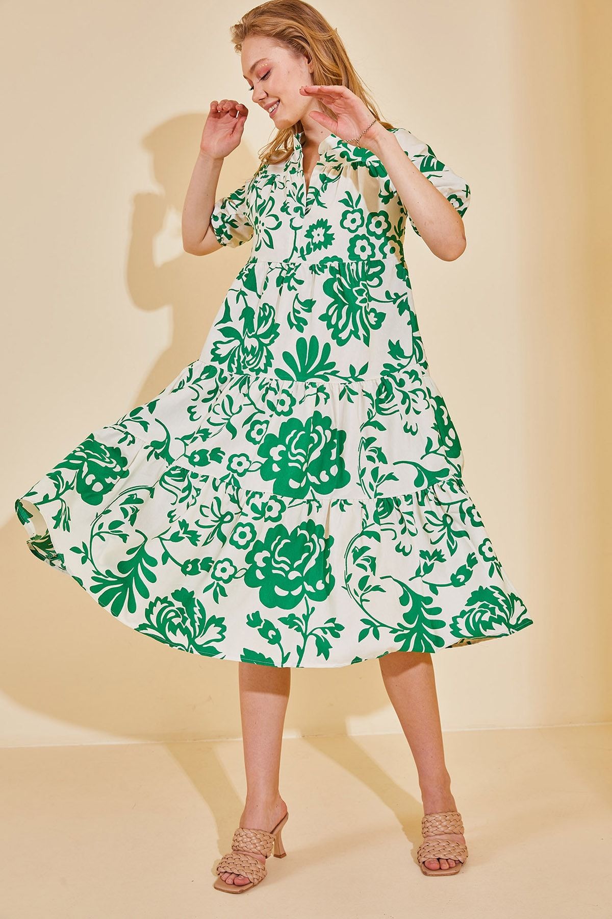 XHAN Kadın Koyu Yeşil Karpuz Kol Desenli Elbise 2YZK6-12603-44