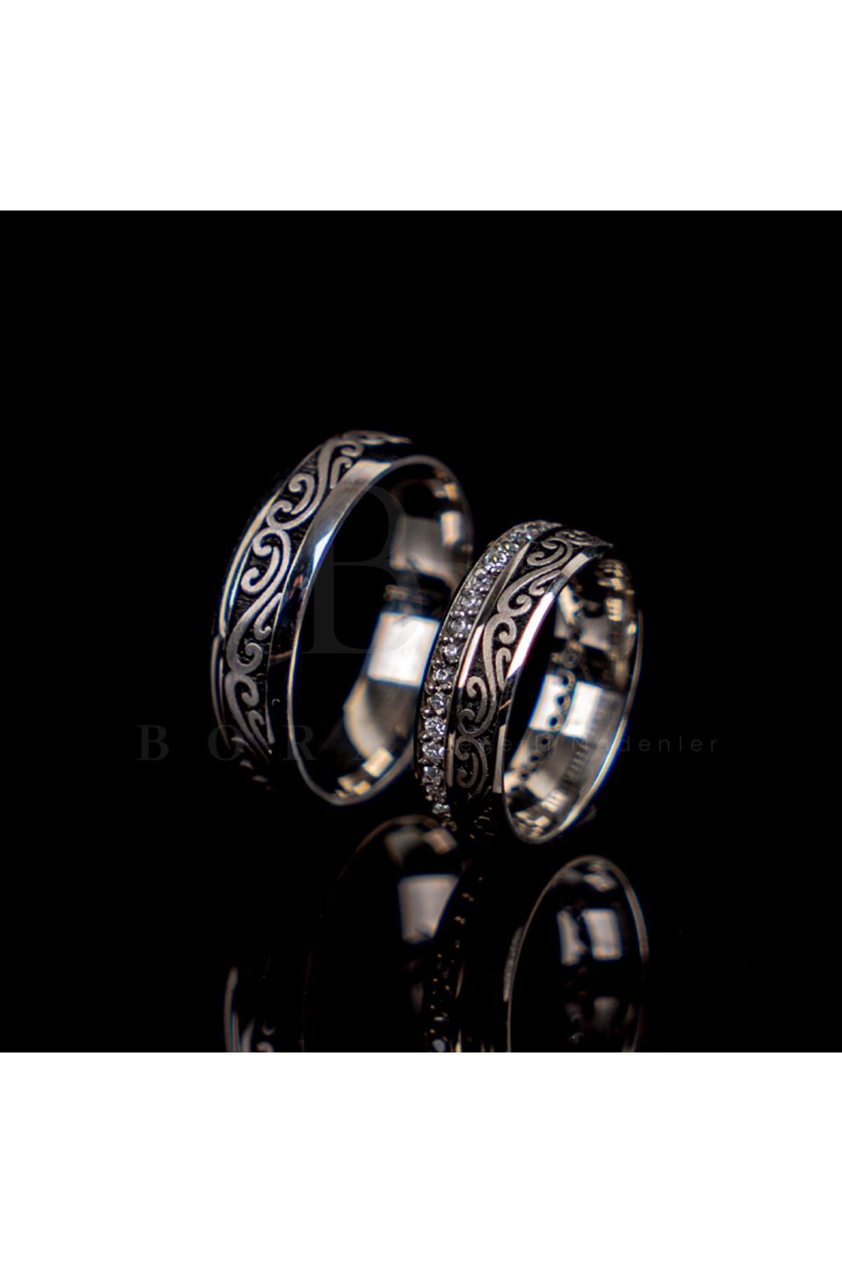 Bora Değerli Madenler Gümüş Oyma Alyans Nişan Yüzüğü Çift Alyansı