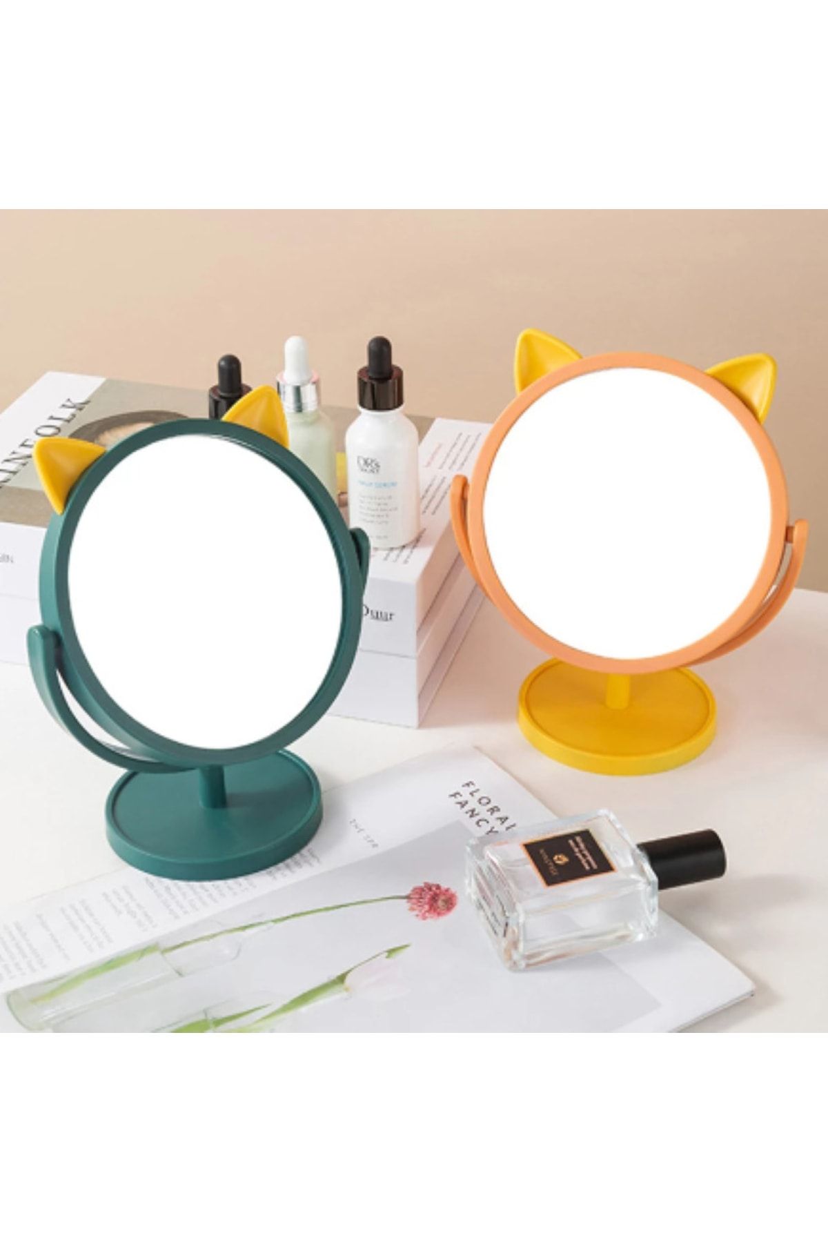 CEPHOME Makyaj Aynası Geyik Kulaklı Masa Üstü Askılıklı Pembe Ve Beyaz