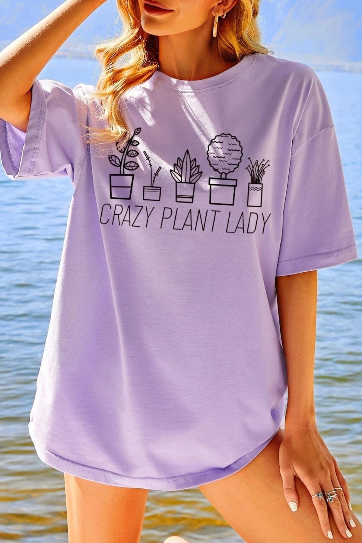 MODAGEN Kadın Lila Oversize Çiçek Baskılı T-shirt