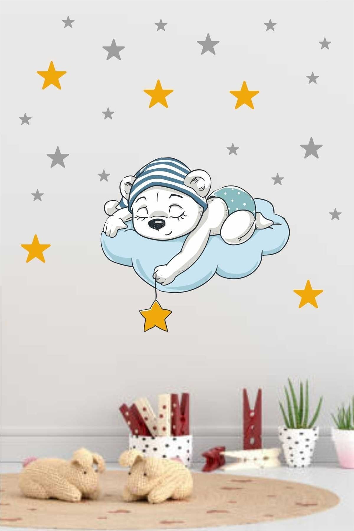 efekt reklam Bulut Üzerinde Uyuyan Ayı Çocuk Bebek Odası Yapışkanlı Yıldız Duvar Kağıdı Aksesuarları Süsü Sticker