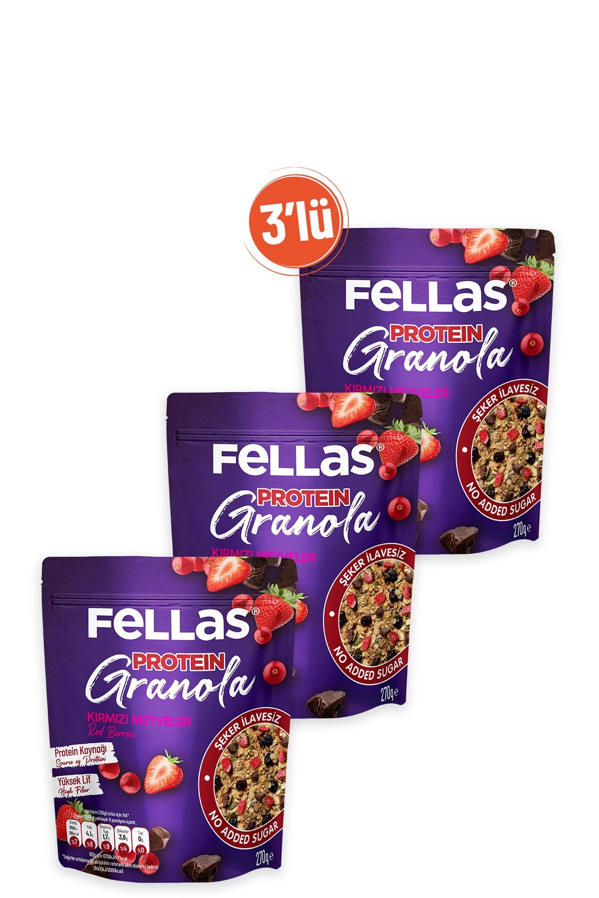 Fellas Granola 3'lü - Kırmızı Meyveler & Protein Bar Parçacıklı 270g