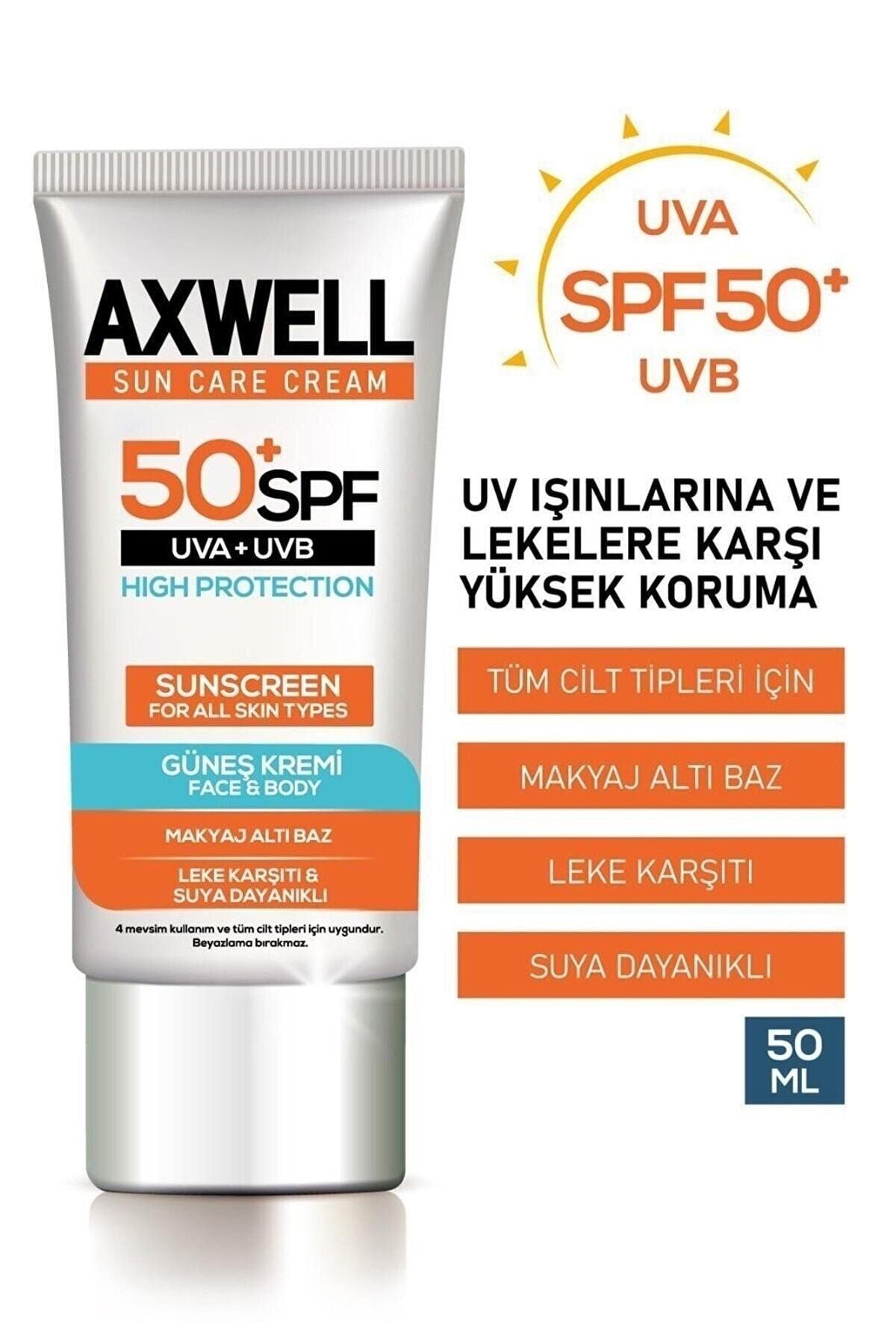 AXWELL Sun Care Cream Leke Karşıtı Güneş Kremi Çok Yüksek Koruma 50+ Spf 50 ml