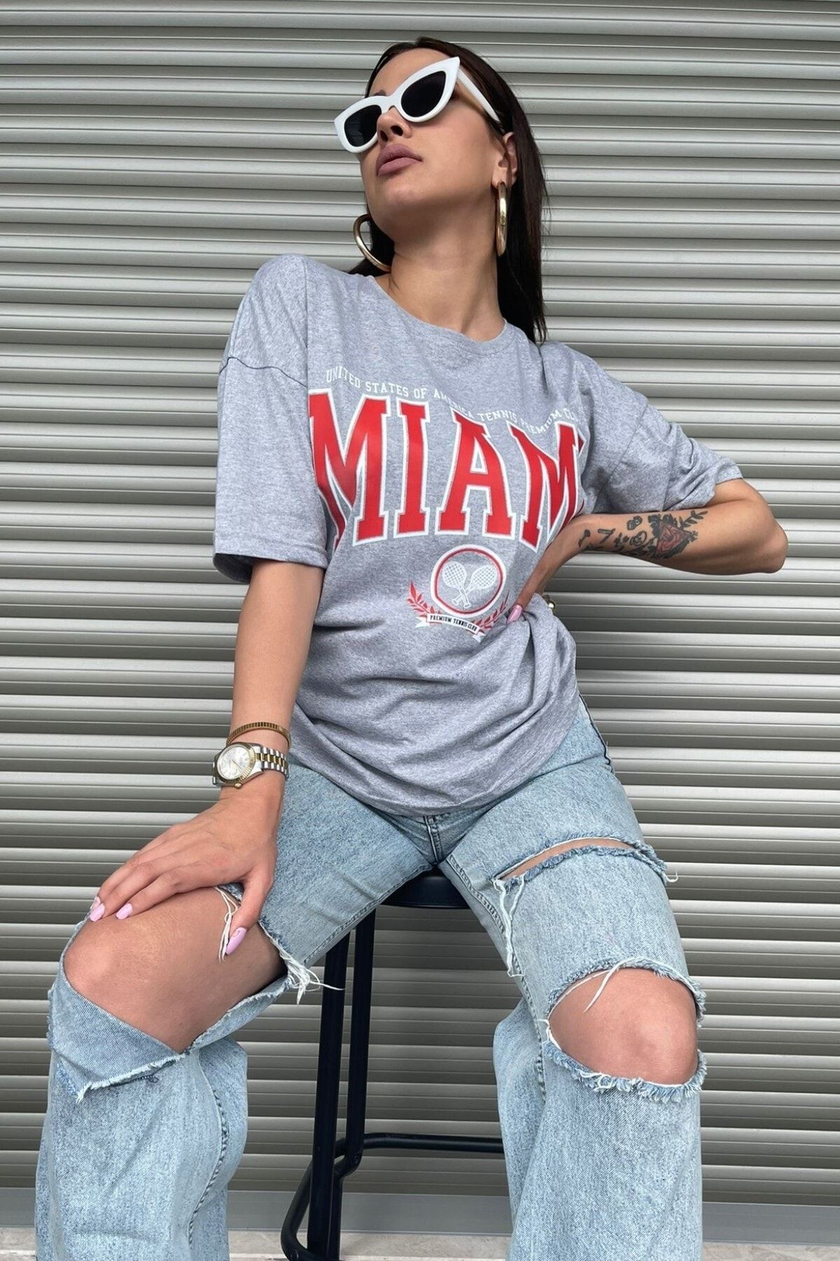 MODAGEN Miami Oversize Kadın Baskılı Gri T-shirt