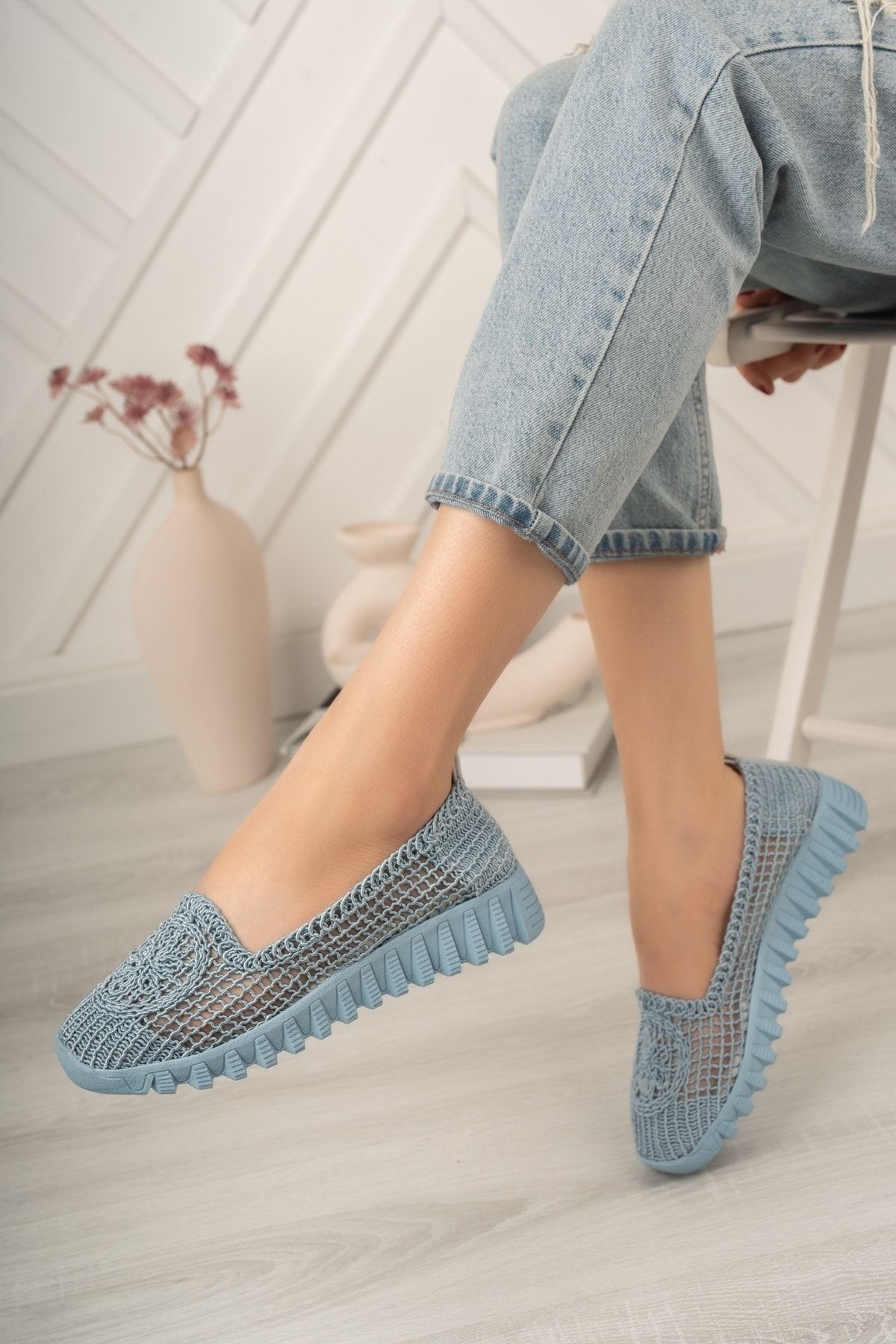 Freemax Kadın Ortopedik Taban Motif Işleme Babet Günlük Hafif Rahat Ayakkabı Mavi