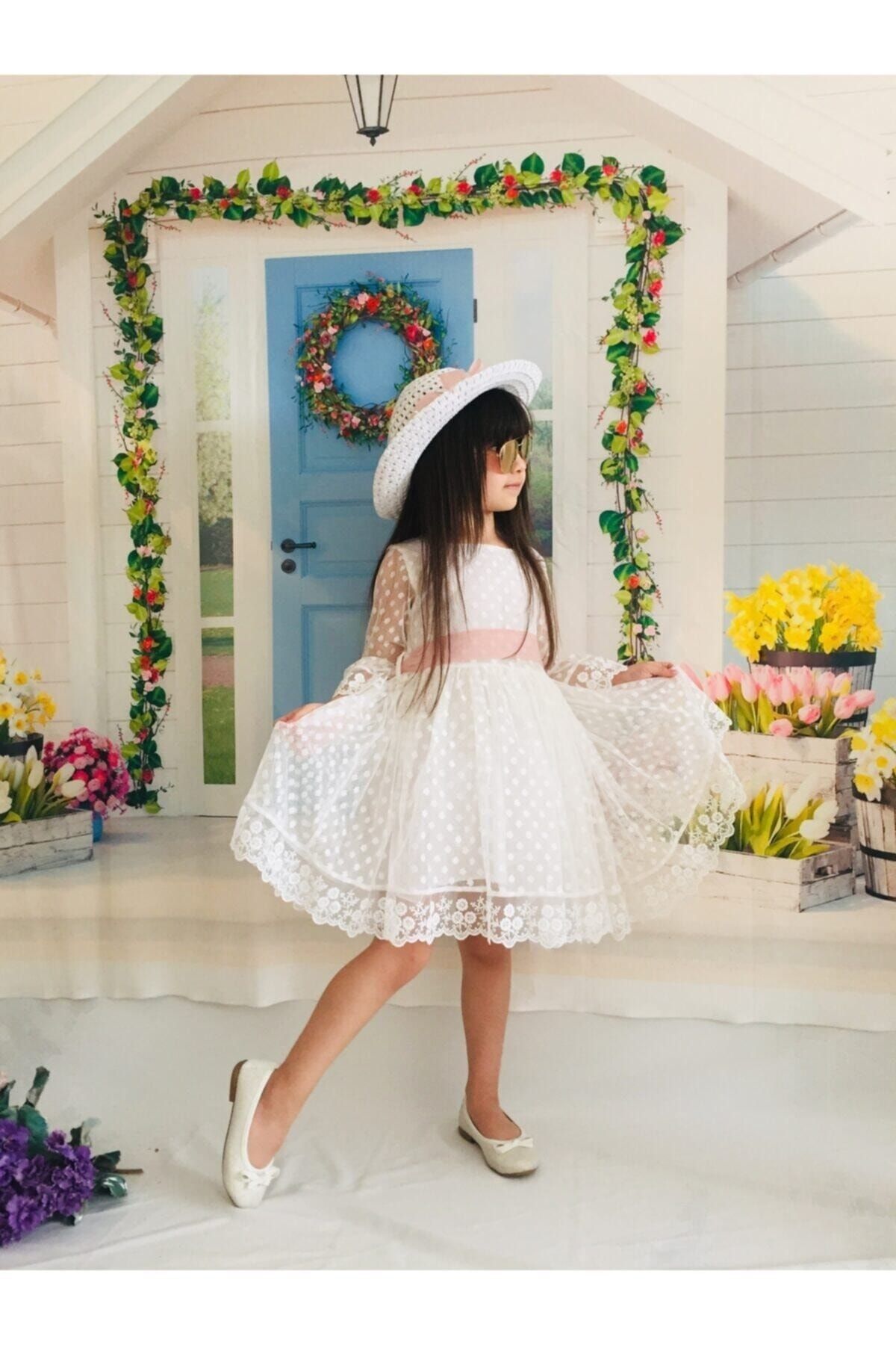 Mixie Kız Çocuk Beyaz Puanlı Dantel Güpürlü Elbise Özel Gün Doğum Günü Elbisesi