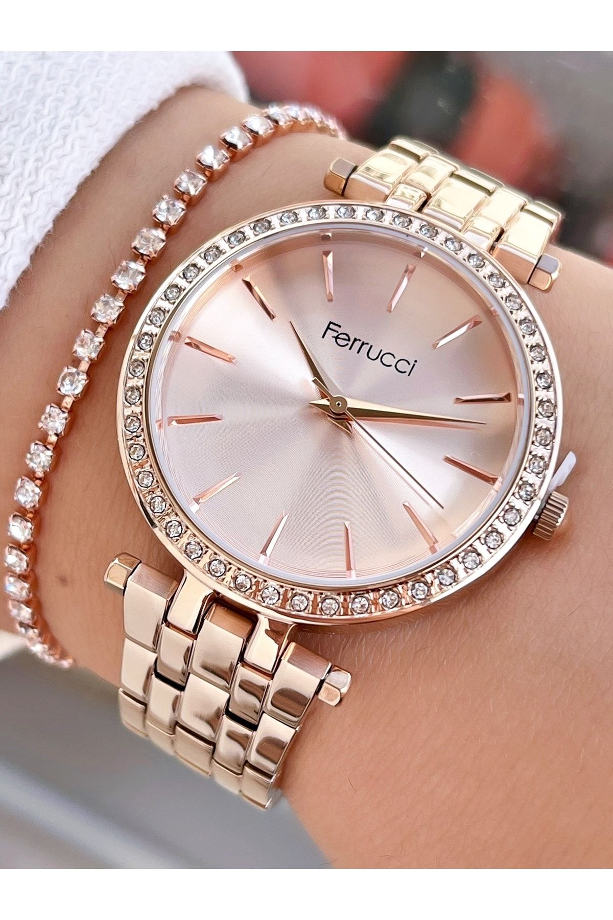 Ferrucci Rose Gold Renk Taşlı Model Kadın Kol Saati + Bileklik Hediyeli