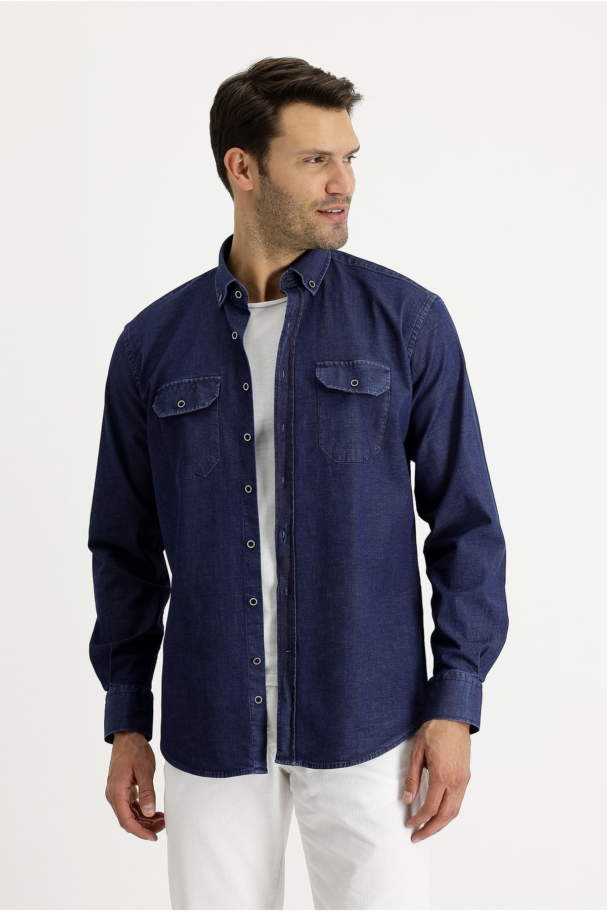 Kiğılı Erkek Lacivert Uzun Kol Relax Fit Körüklü Denim Gömlek