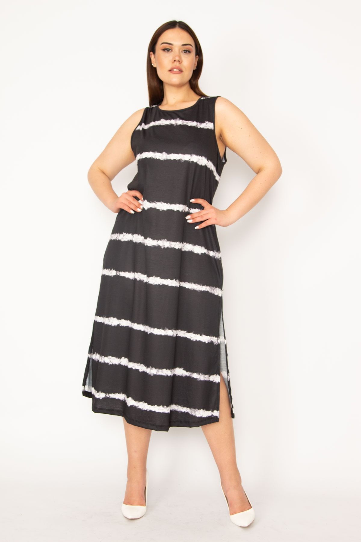 Şans Tekstil Kadın Siyah Batik Çizgili Yan Yırtmaçlı Uzun Elbise 26a33155