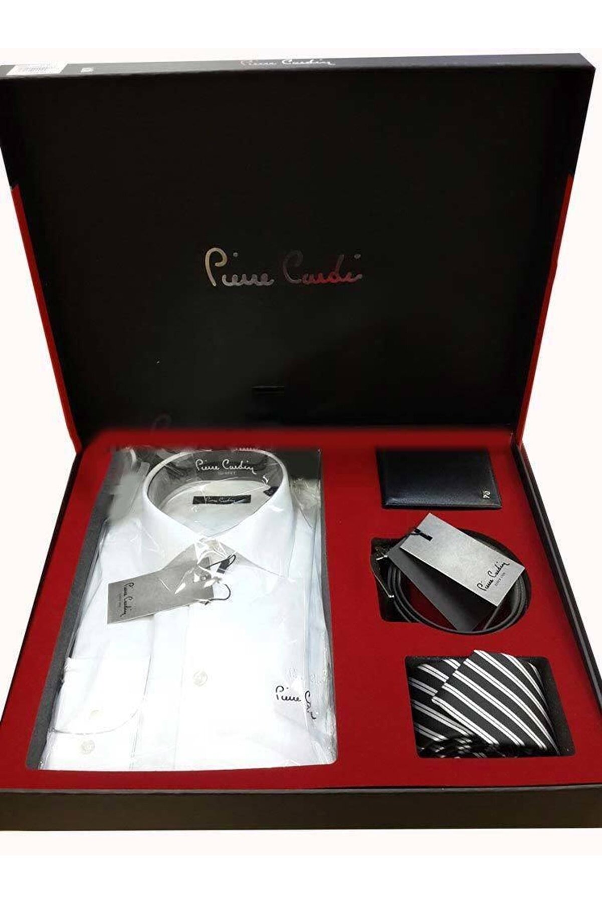 Pierre Cardin Erkek Beyaz Gömlek Kemer Cüzdan Kravat Damat Seti 4lü