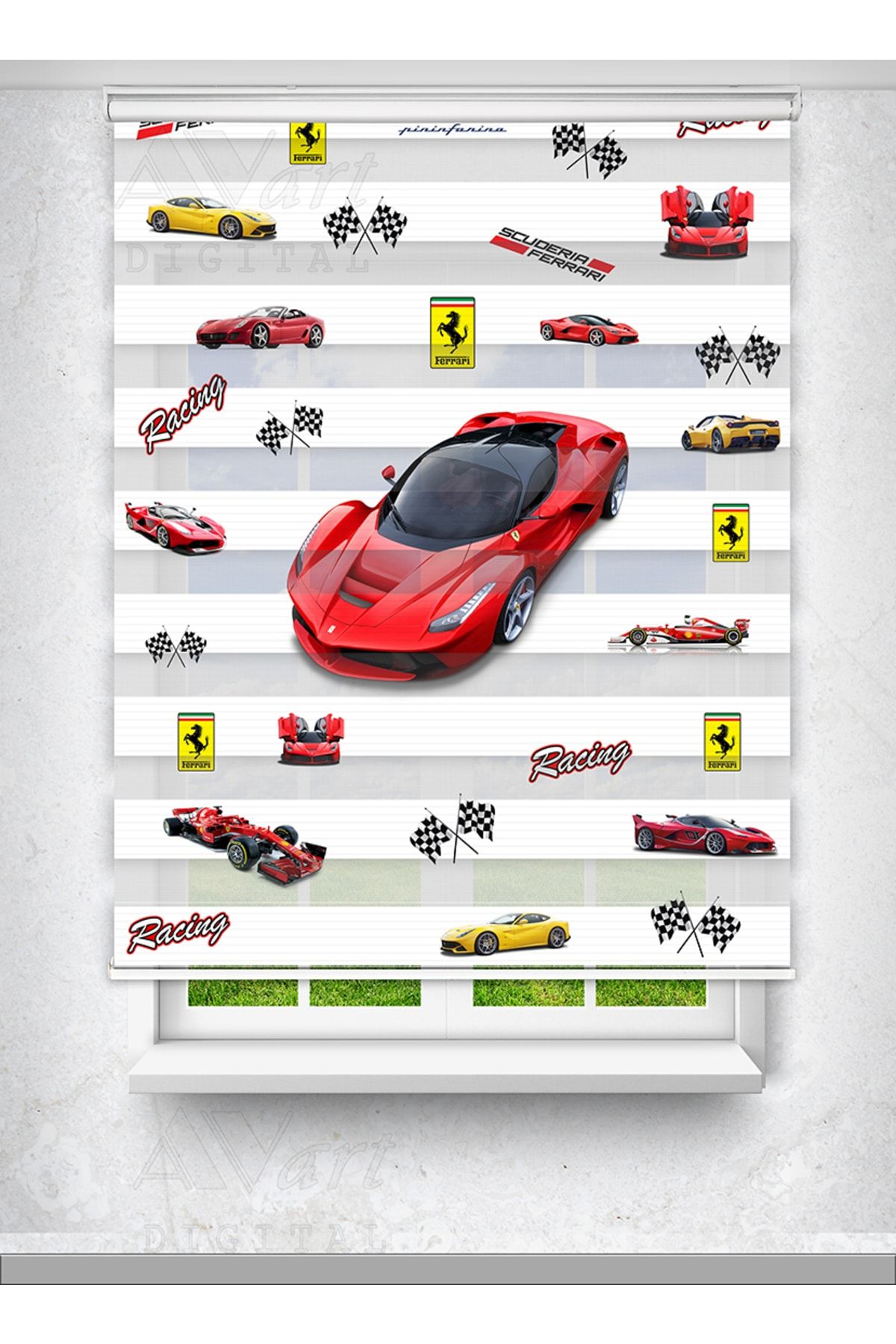 Avart Digital Ferrari Arabalı - Çocuk Odası Perdesi - Baskılı Zebra Perde