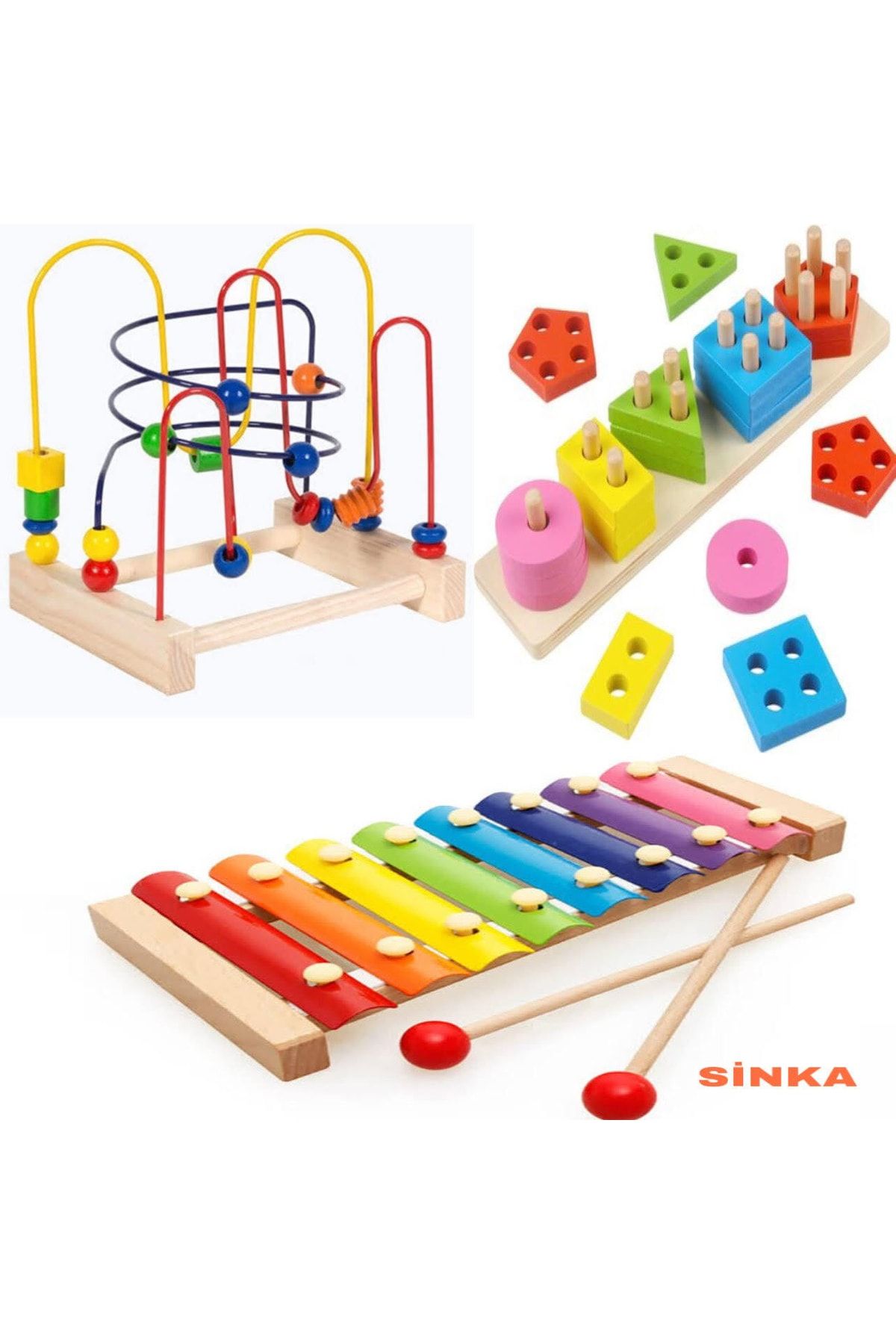 SİNKA Koordinasyon+ksilofon+5'li Geometrik Ahşap Oyuncak Set