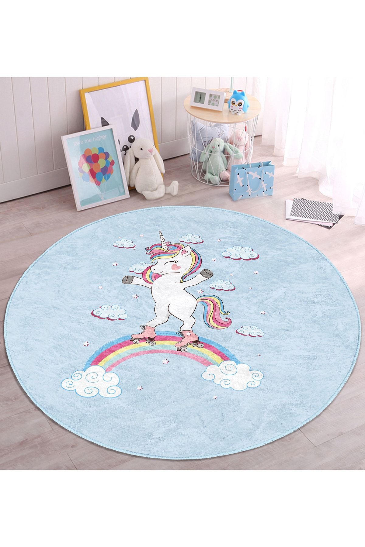Realhomes Mavi Zeminde Unicorn At Desenli Çocuk Odası Makinede Yıkanabilir Kaymaz Tabanlı Yuvarlak Kadife Halı