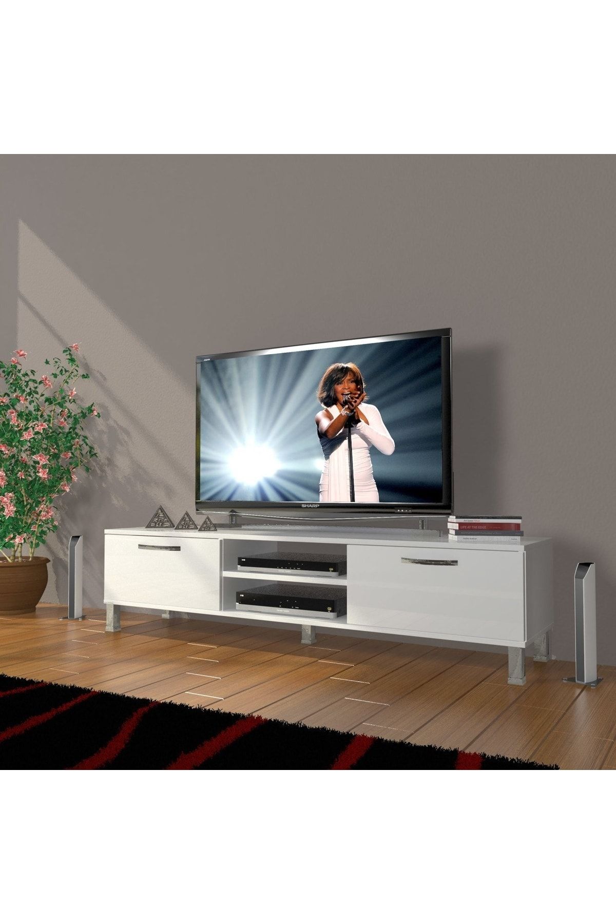 Decoraktiv Eko 140 Slm Dvd Krom Ayaklı Tv Ünitesi Tv Sehpası - Parlak Beyaz