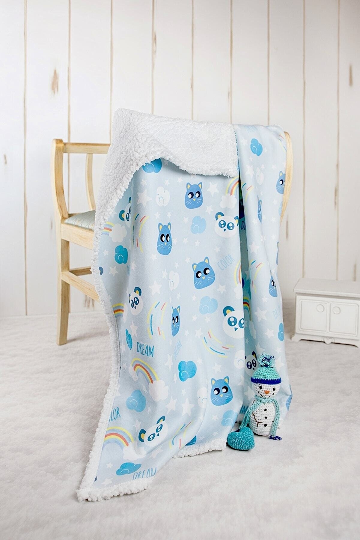 HAMUR Bebek Beyaz Mavi Dream Fluffy Battaniyesi 80x100 cm