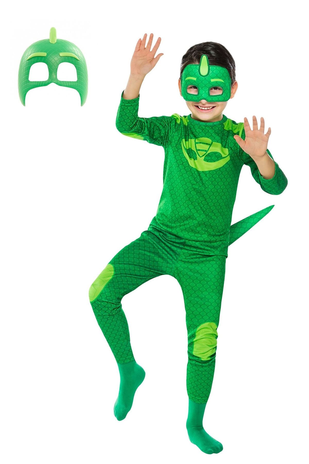 Zeki Karga 3-4 Yaş Pijamaskeliler Kertenkele Çocuk Kostüm - Tulum + 2 Adet Maske Set -gekko Owlette Catboy