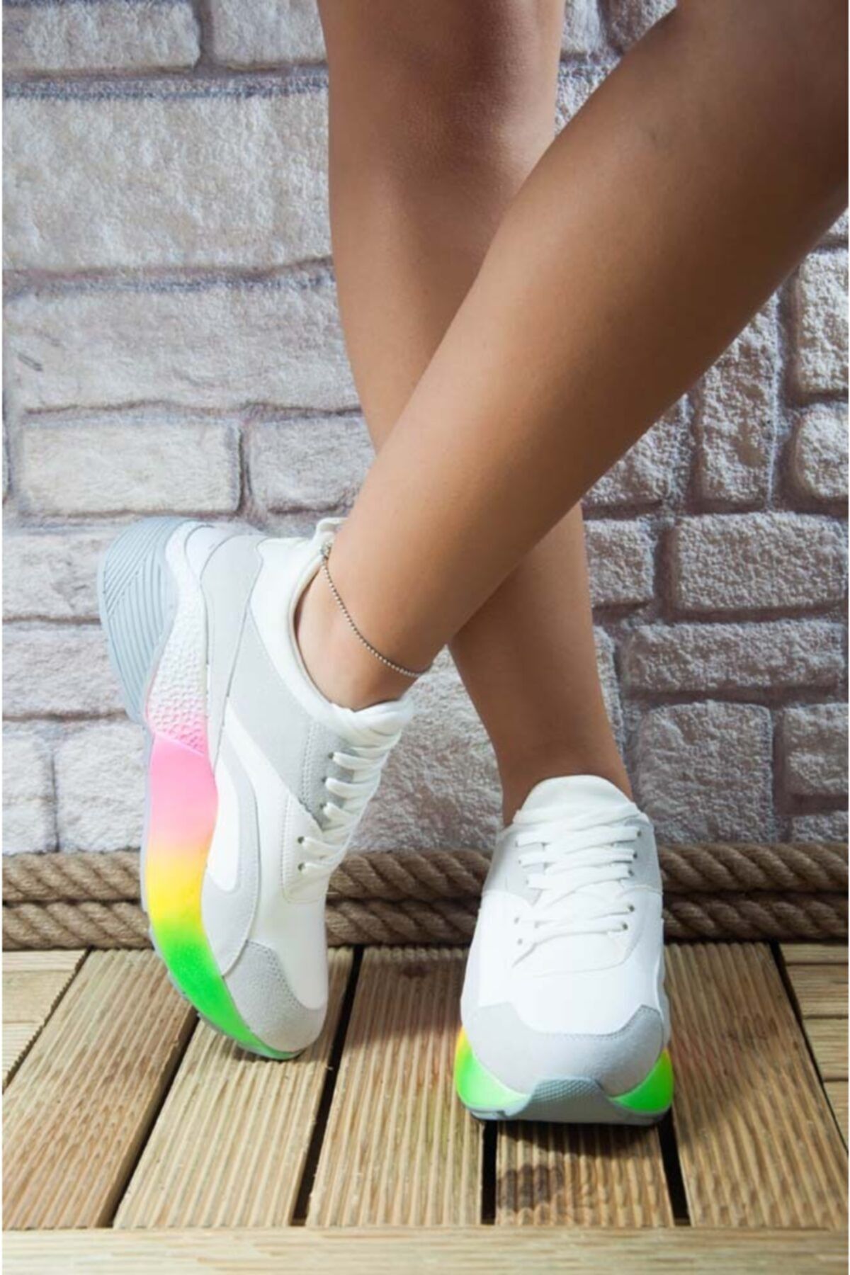 Noa Shoes Kalın Taban Kadın Sneakers Gökkuşağı Beyaz Gri Spor Ayakkabı