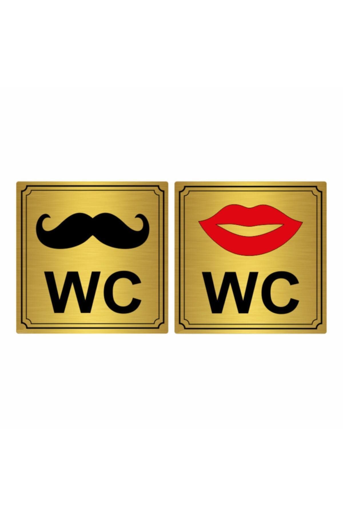 Artı Wc Metal Uyarı Yönlendirme Levhası Kadın Erkek 16cmx16cm Gold Renk