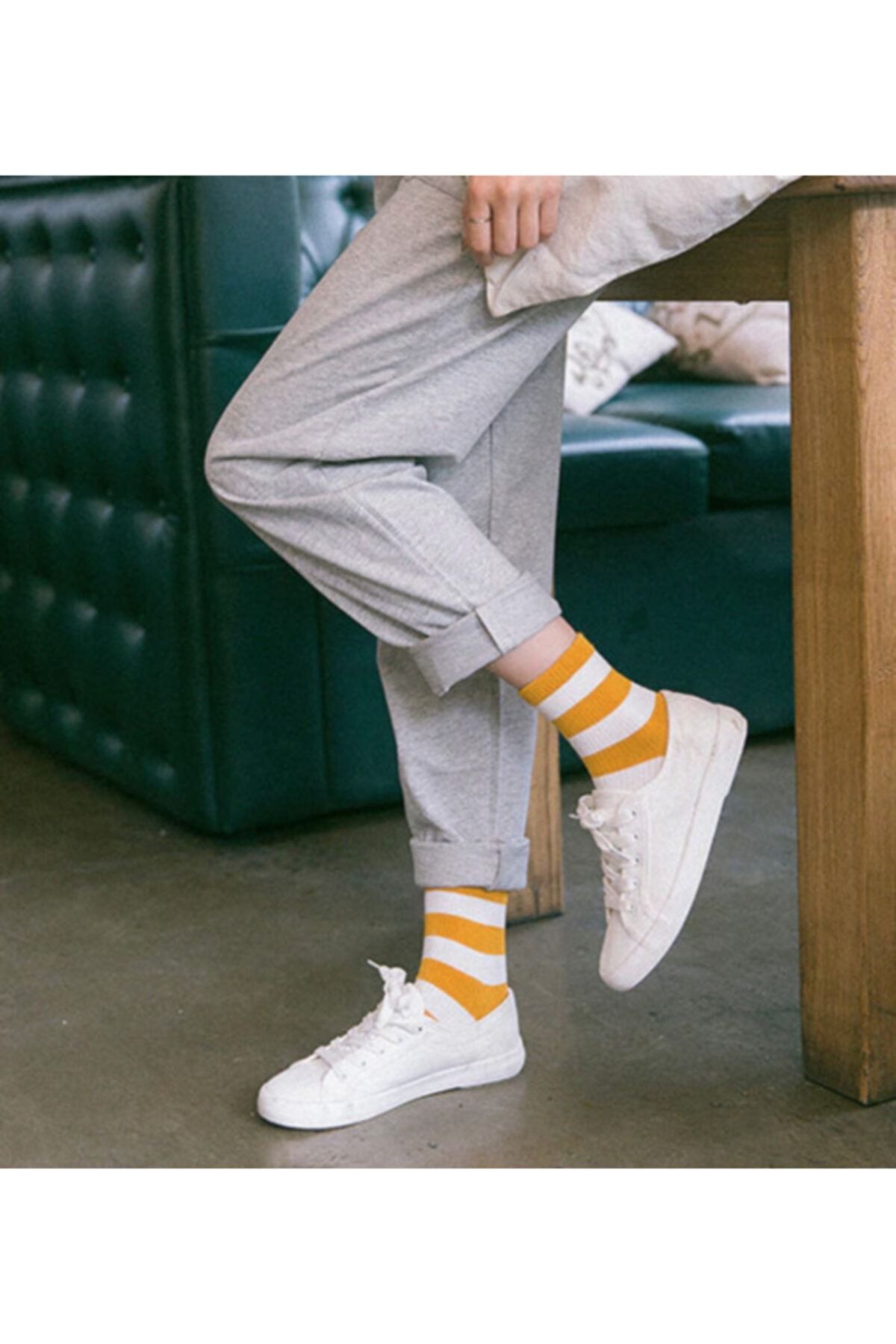Corapco Sarı Beyaz Çizgili Çorap