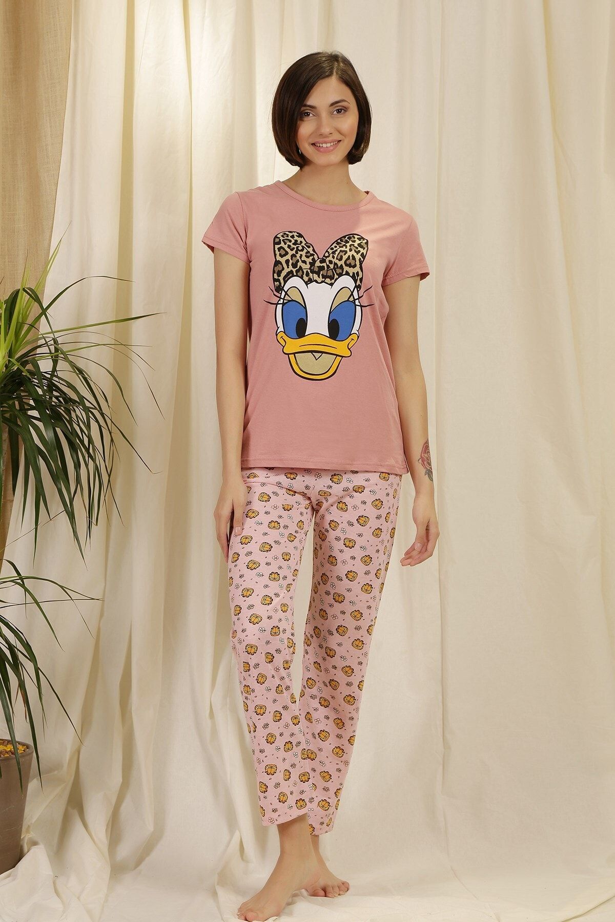 Zindi Kadın Desenli Pijama Takımı Gül Kurusu